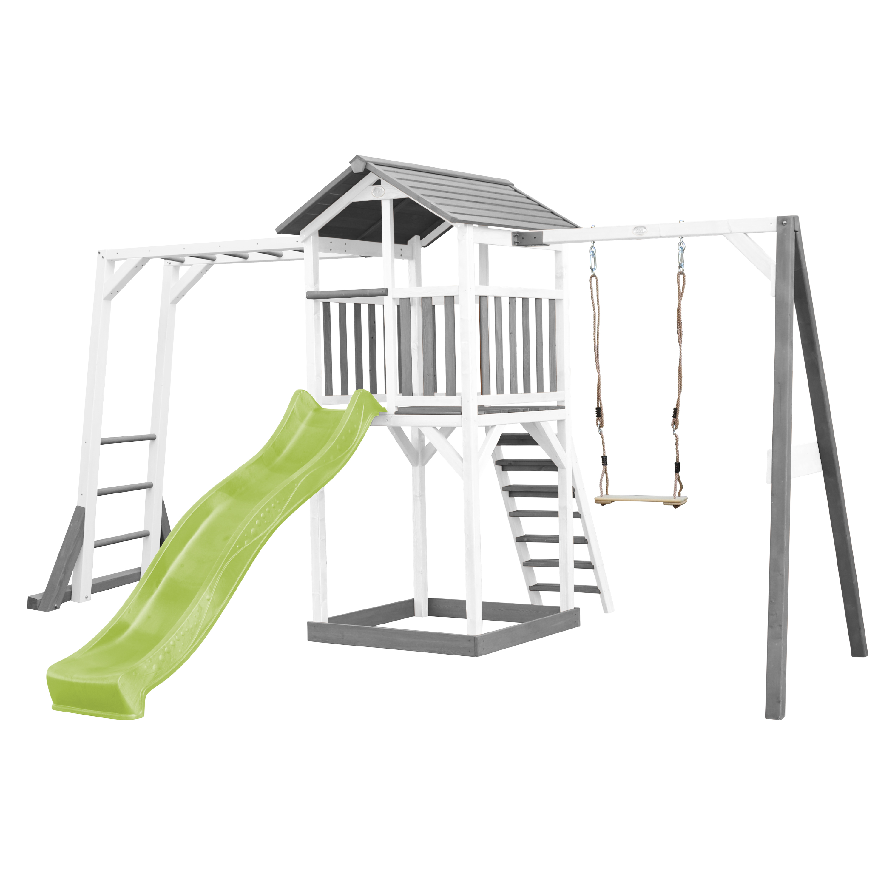 AXI Beach Tower with Climbing Frame and Single Swing Set Grey/White - Lime Green Slide