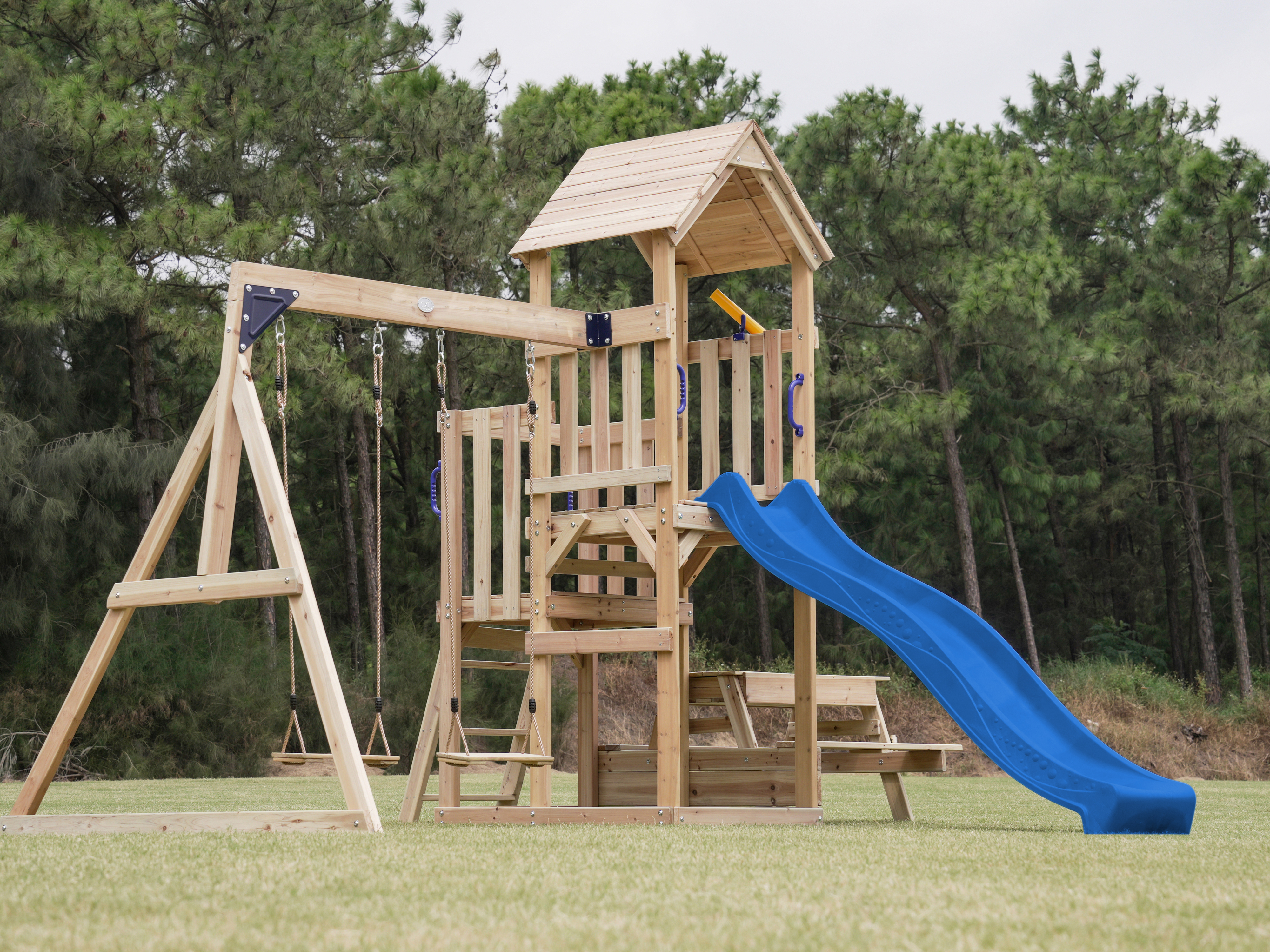 AXI Mette Climbing Frame with Double Swing Set and Picnic Table - Blue Slide