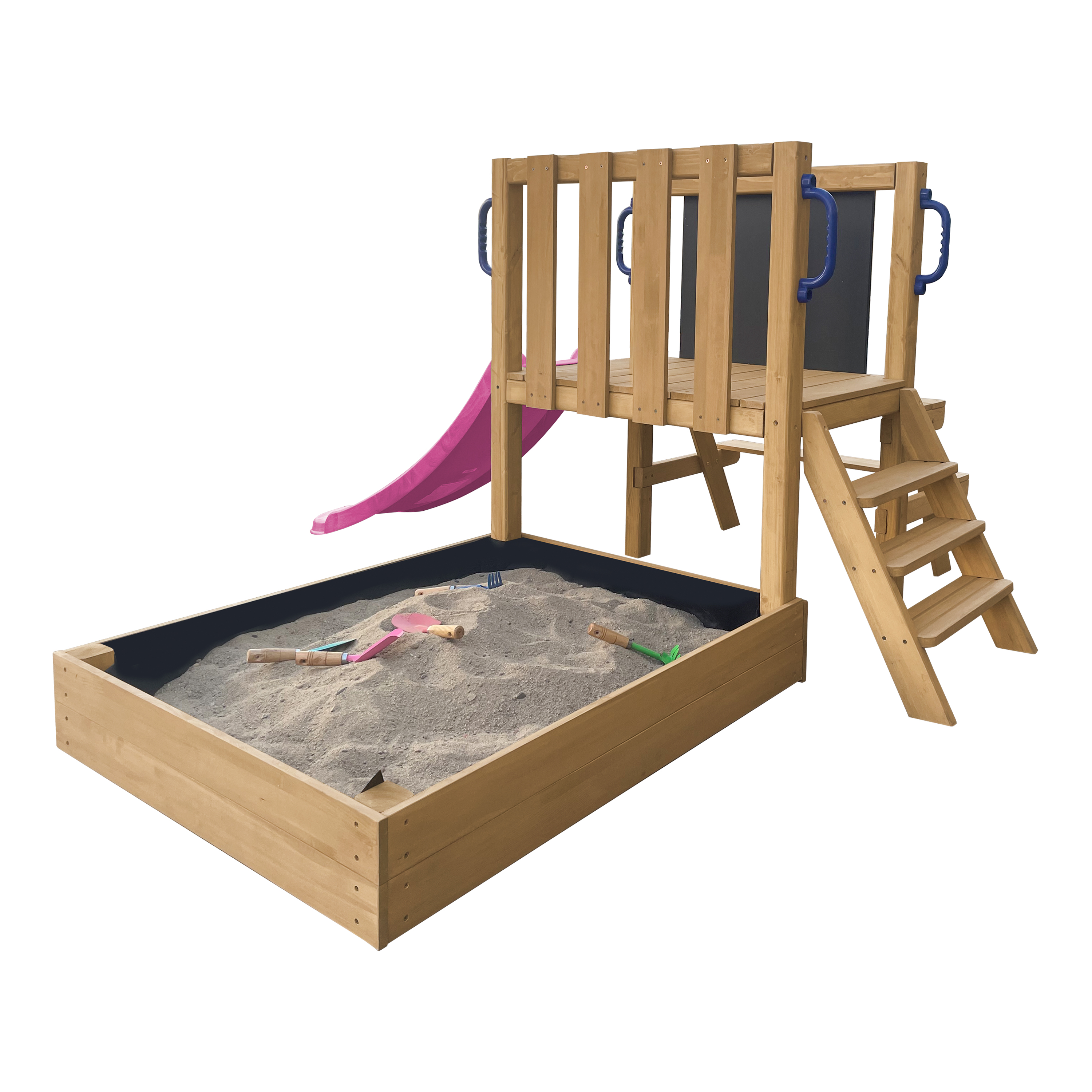 AXI Leah Mini Wooden Playtower with Sandbox. Picnic Table & Chalkboard – Purple Slide