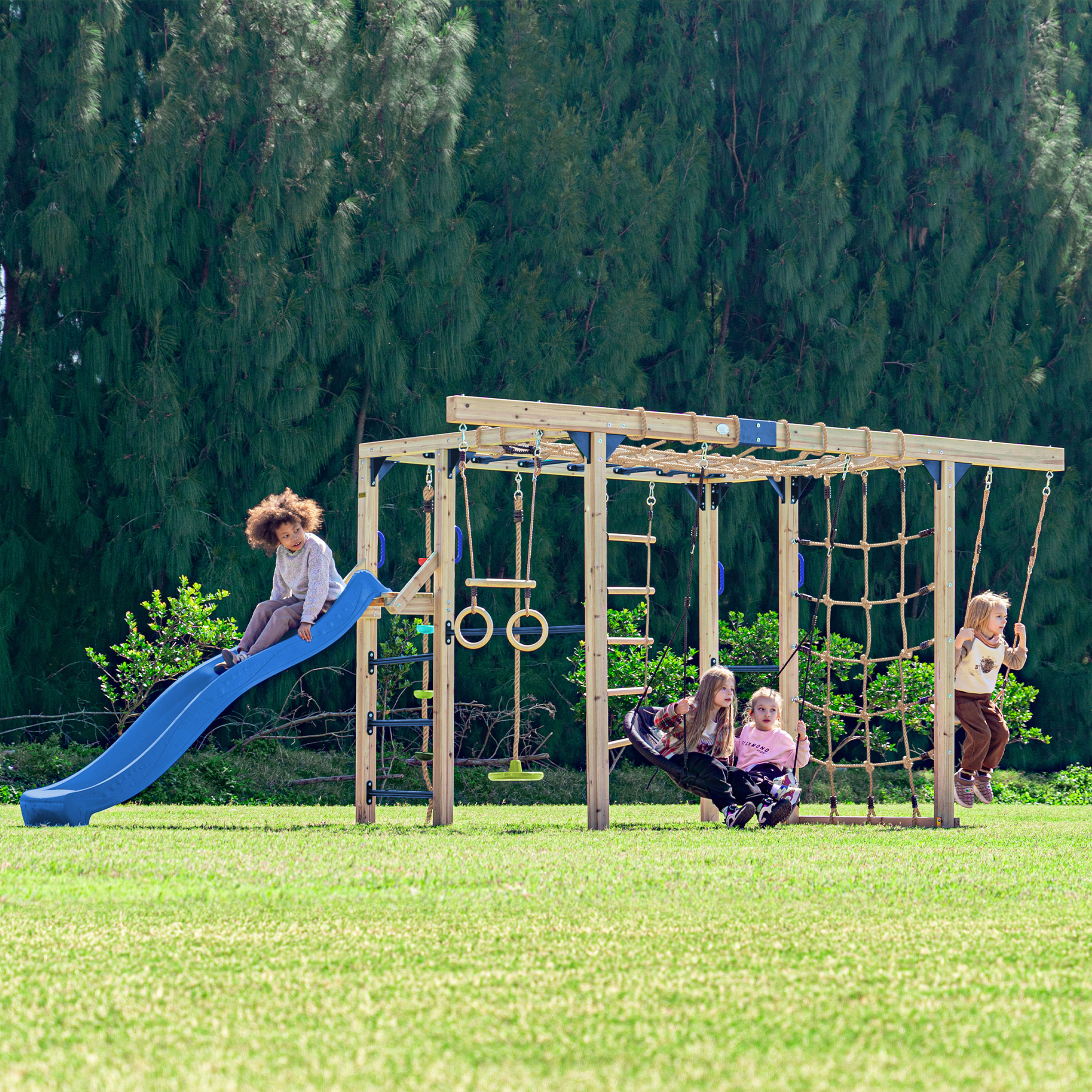 AXI Boris Wooden Playcentre with Swings, Trapeze, Climbing Nets and Monkey Bars – Blue Slide