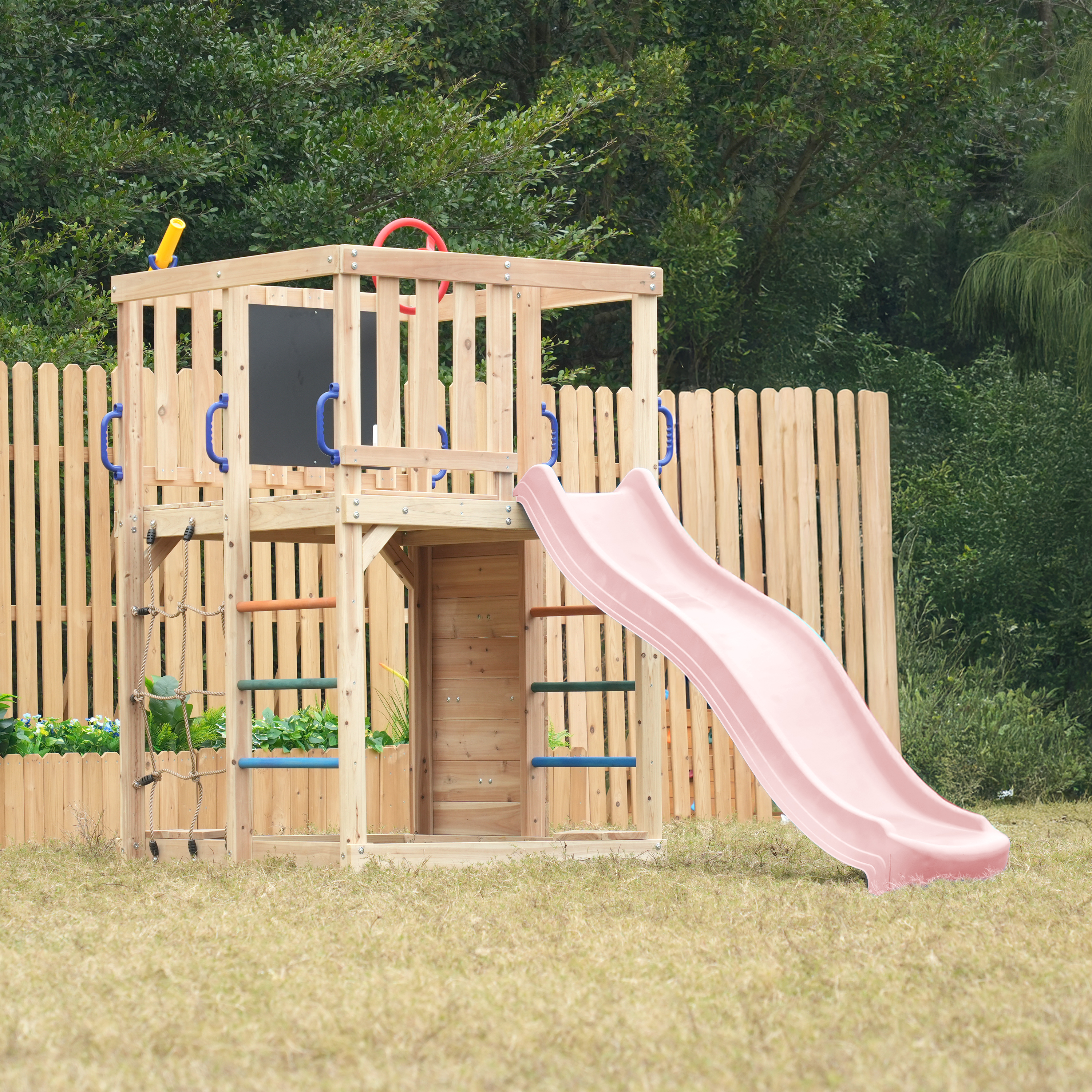 AXI Sam Climbing Frame with Climbing Wall, Climbing Net and Monkey Bars – Pastel Pink Slide