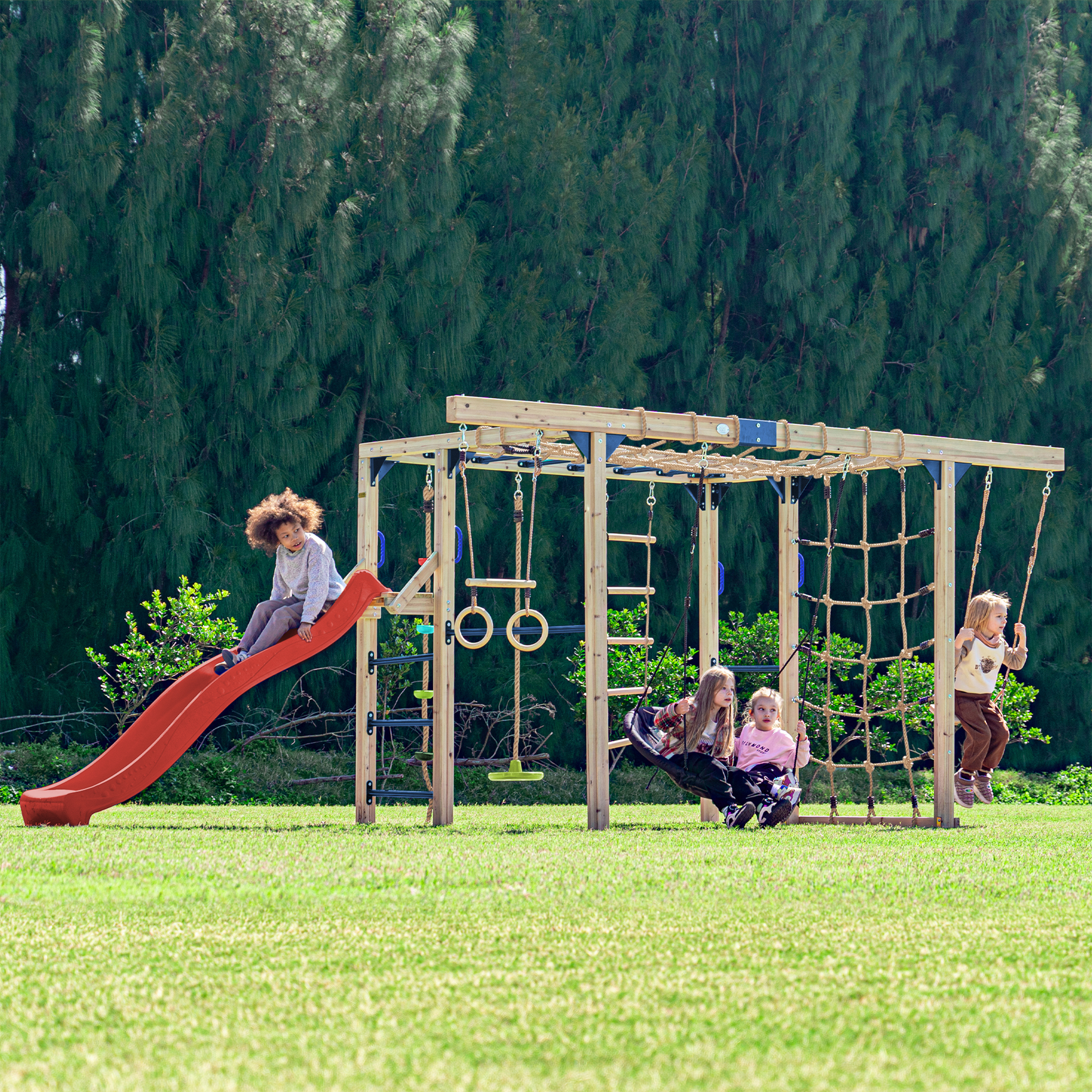 AXI Boris Wooden Playcentre with Swings, Trapeze, Climbing Nets and Monkey Bars – Red Slide