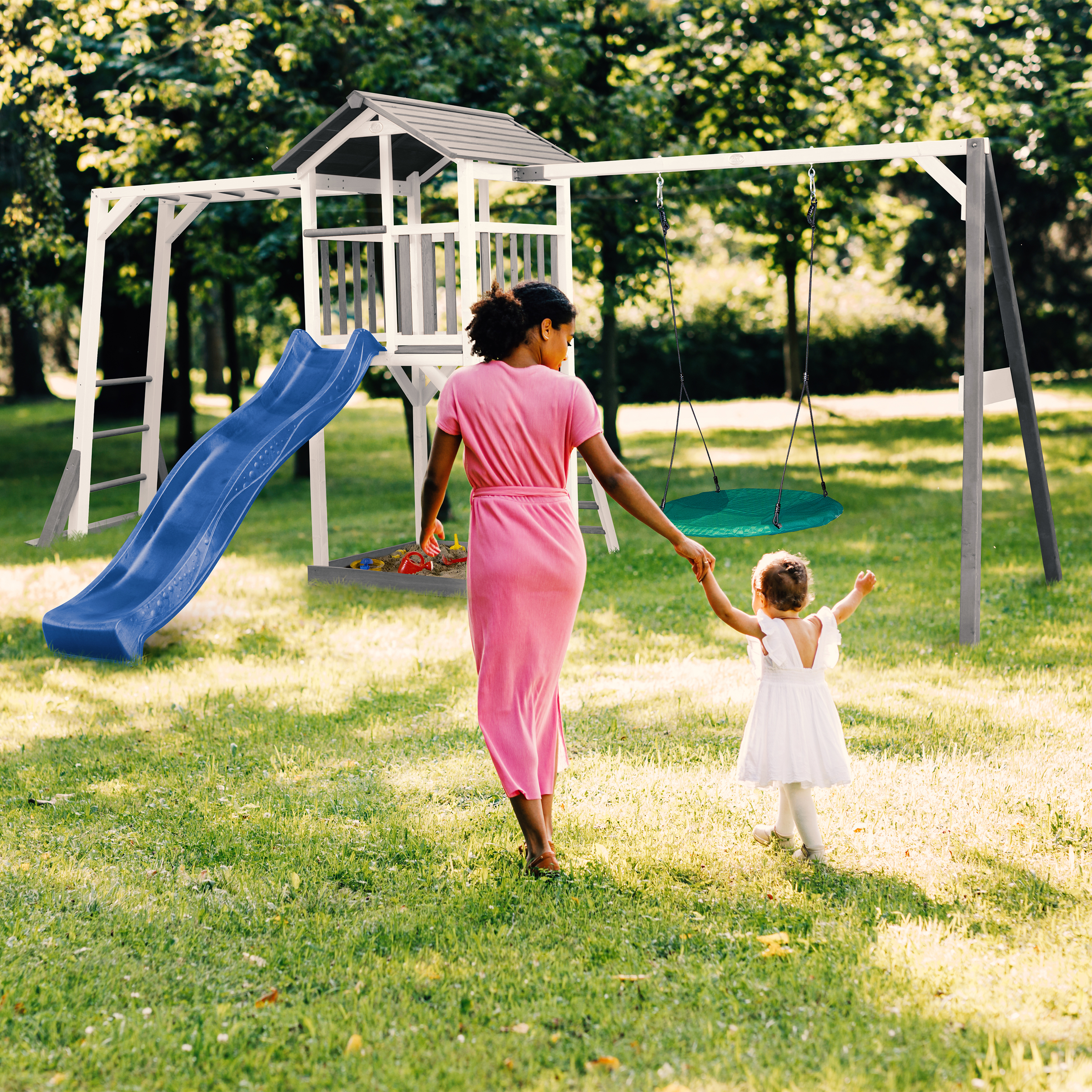 AXI Beach Tower with Climbing Frame and Summer Nest Swing Set Grey/White - Blue Slide
