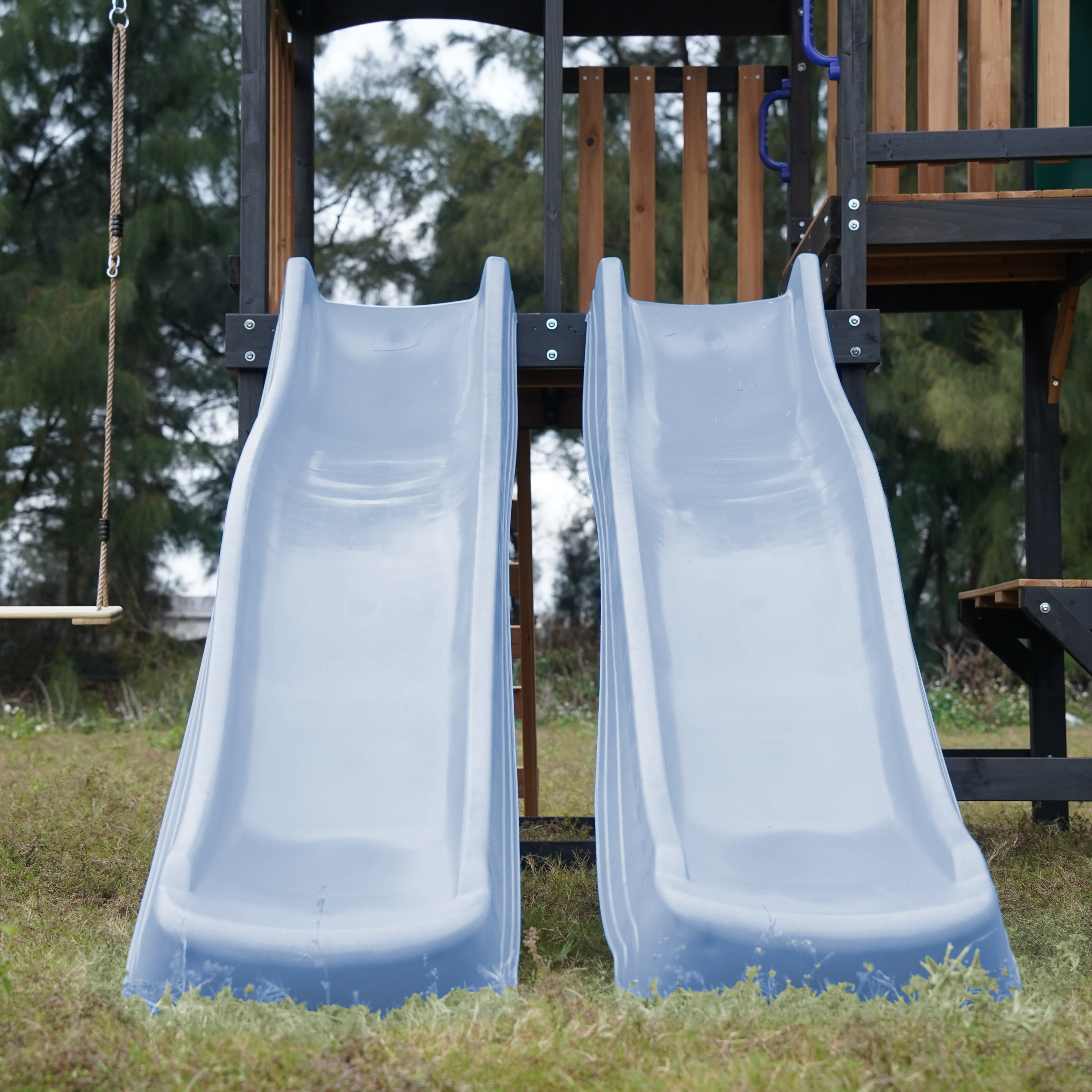 AXI Cody Climbing Frame with Swings, Trapeze and Climbing Wall – Pastel Blue Double Slide and Tube Slide