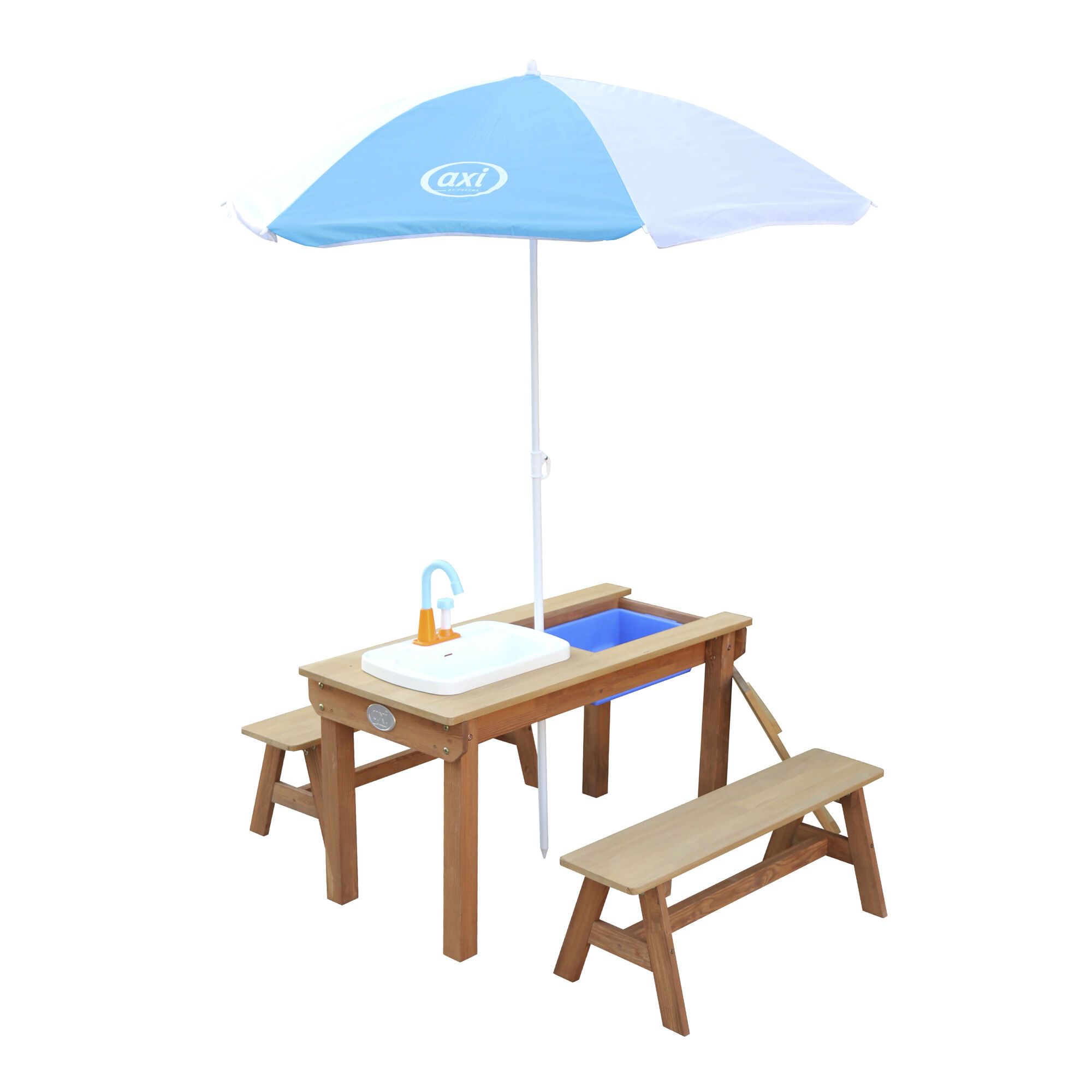 AXI Dennis Table de pique nique Sable et eau Marron avec évier de cuisine et bancs séparés Parasol Bleu/Blanc