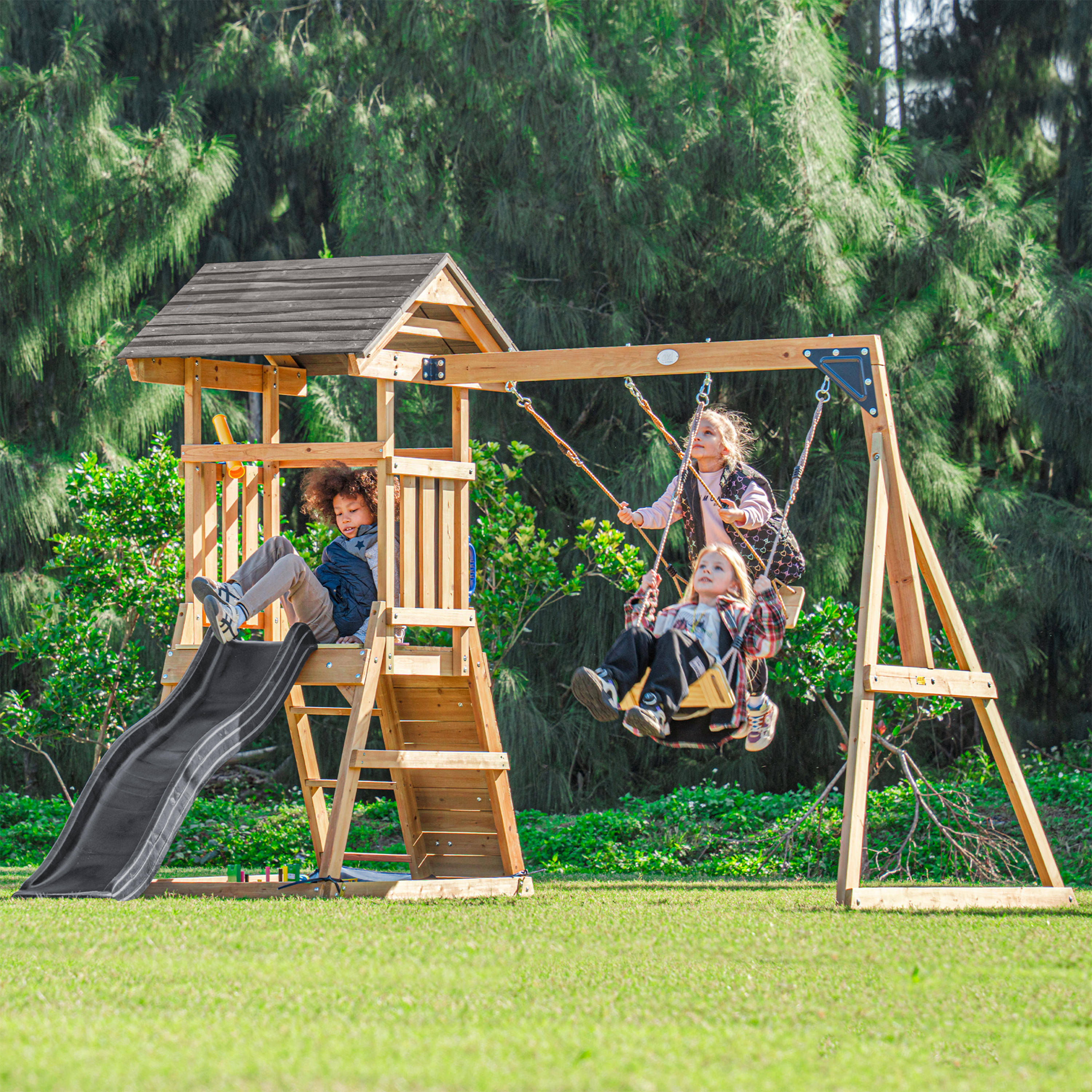 AXI Mia Climbing Frame with Double Swing Set – Grey Slide