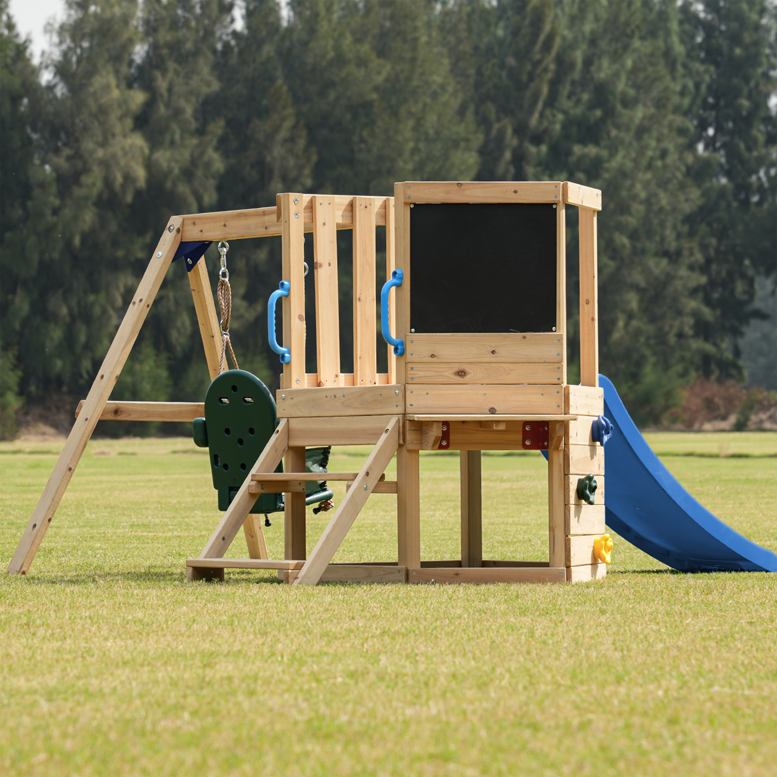 AXI Timo Mini Climbing Frame with Baby Swing, Climbing Wall and Chalkboard – Blue Slide