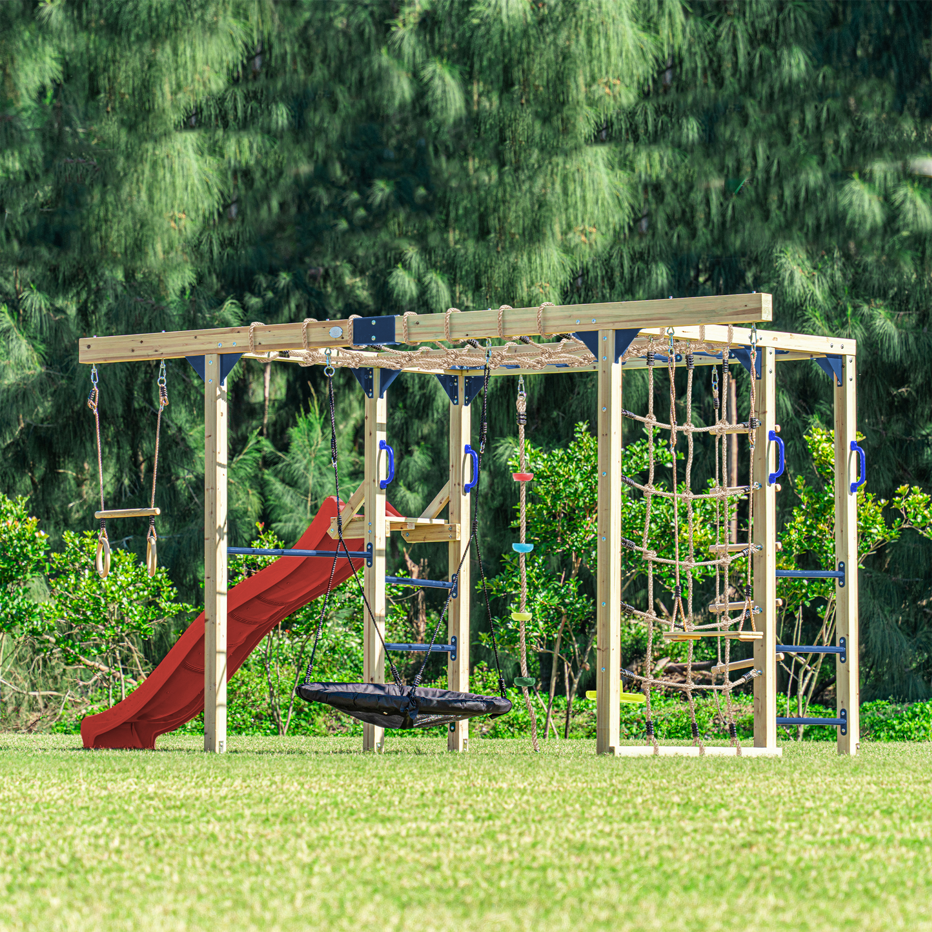 AXI Boris Wooden Playcentre with Swings, Trapeze, Climbing Nets and Monkey Bars – Red Slide