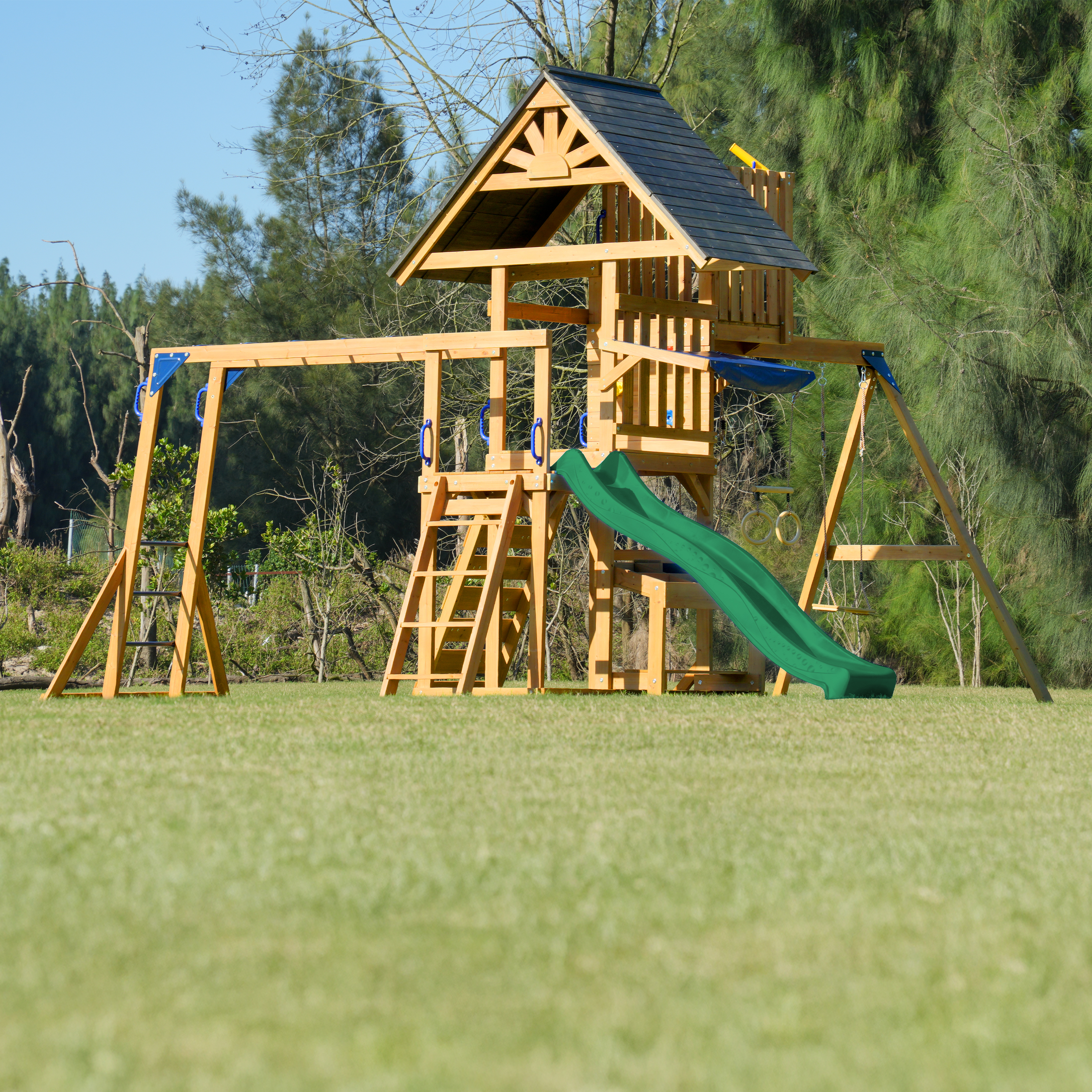 AXI Mitch Climbing Frame with Double Swing. Trapeze and Lookout Tower – Green Slide