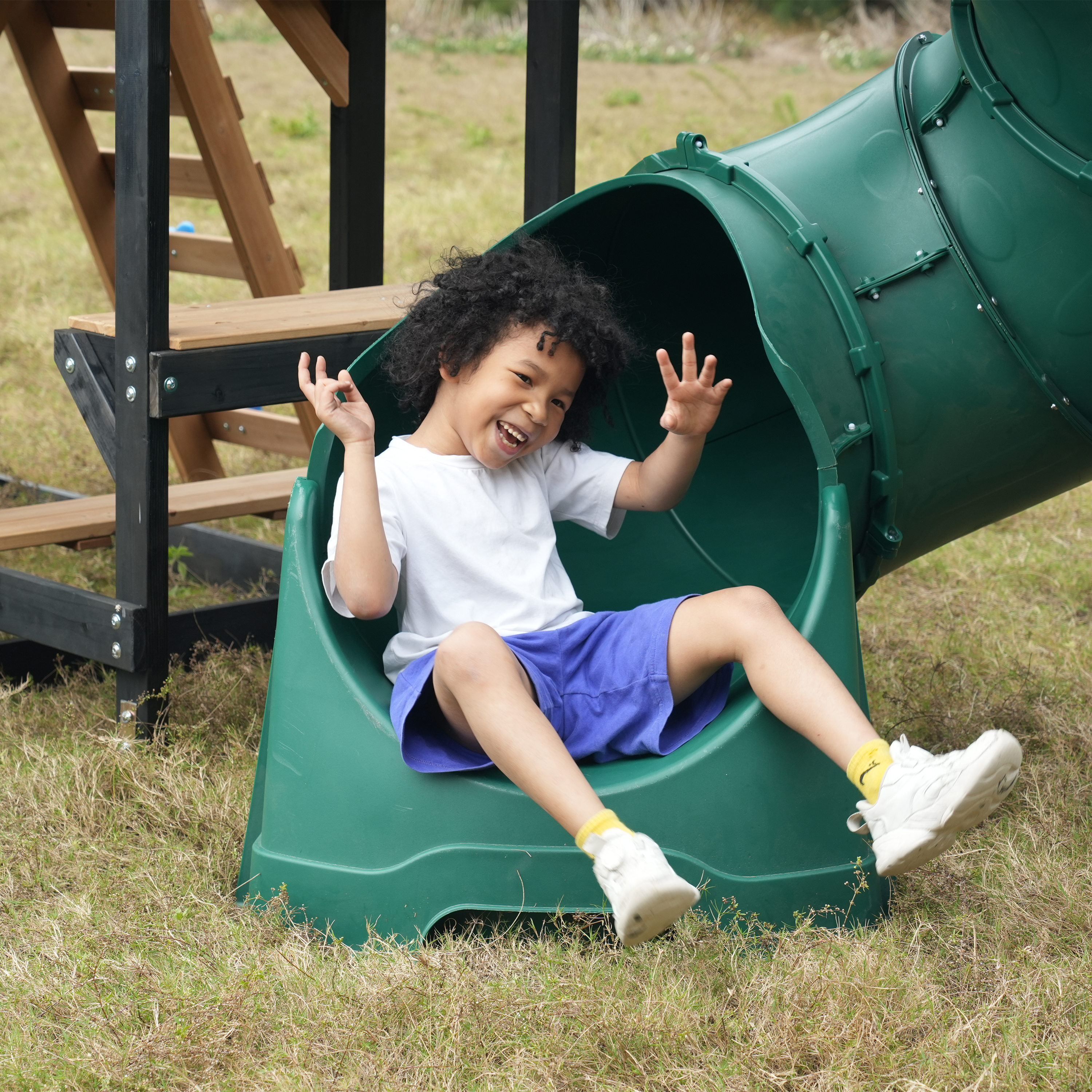 AXI Cody Climbing Frame with Swings, Trapeze and Climbing Wall – Pastel Blue Double Slide and Tube Slide
