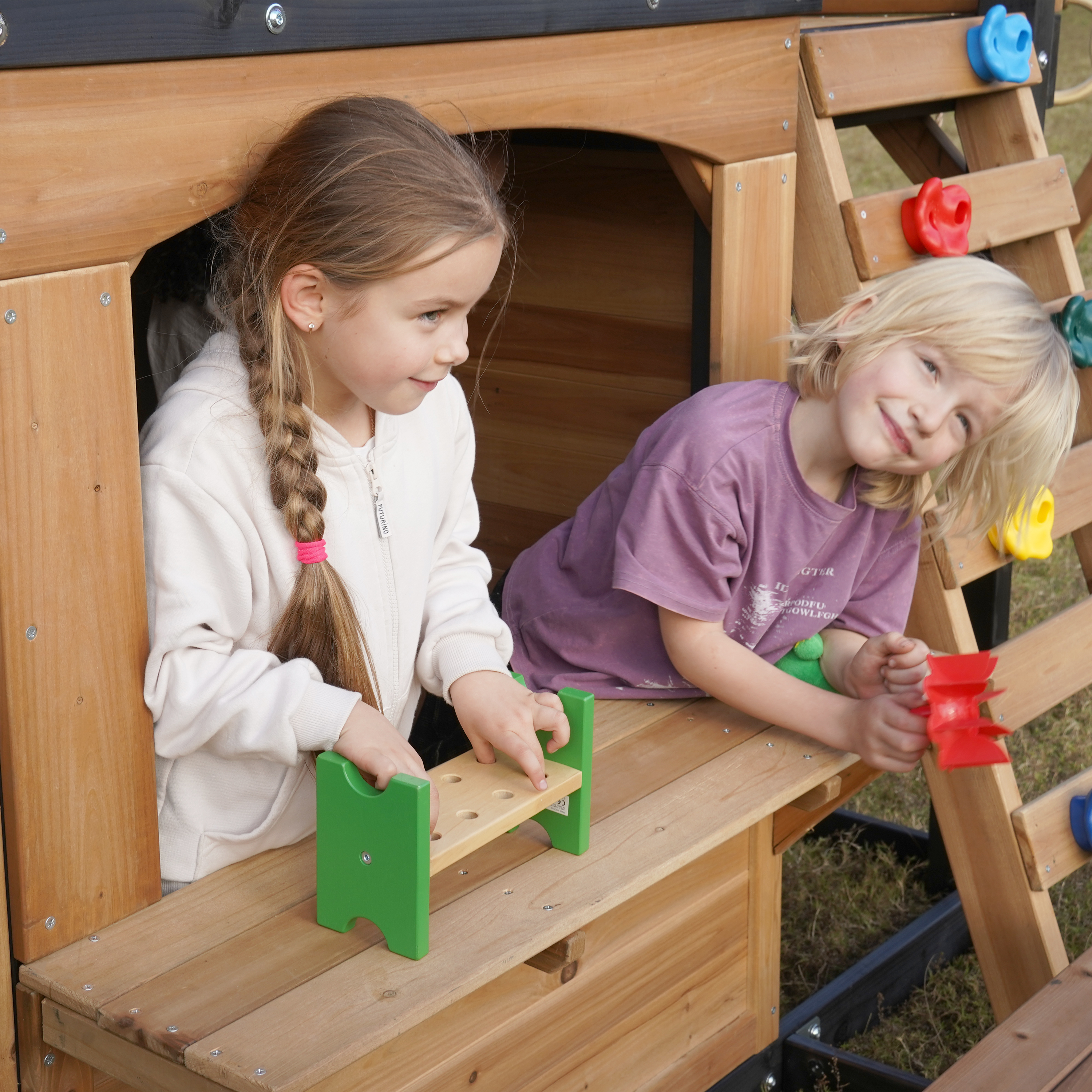 AXI Noud Climbing Frame with Playhouse, Swings, Trapeze and Climbing Wall – Cream Slide and Tube Slide