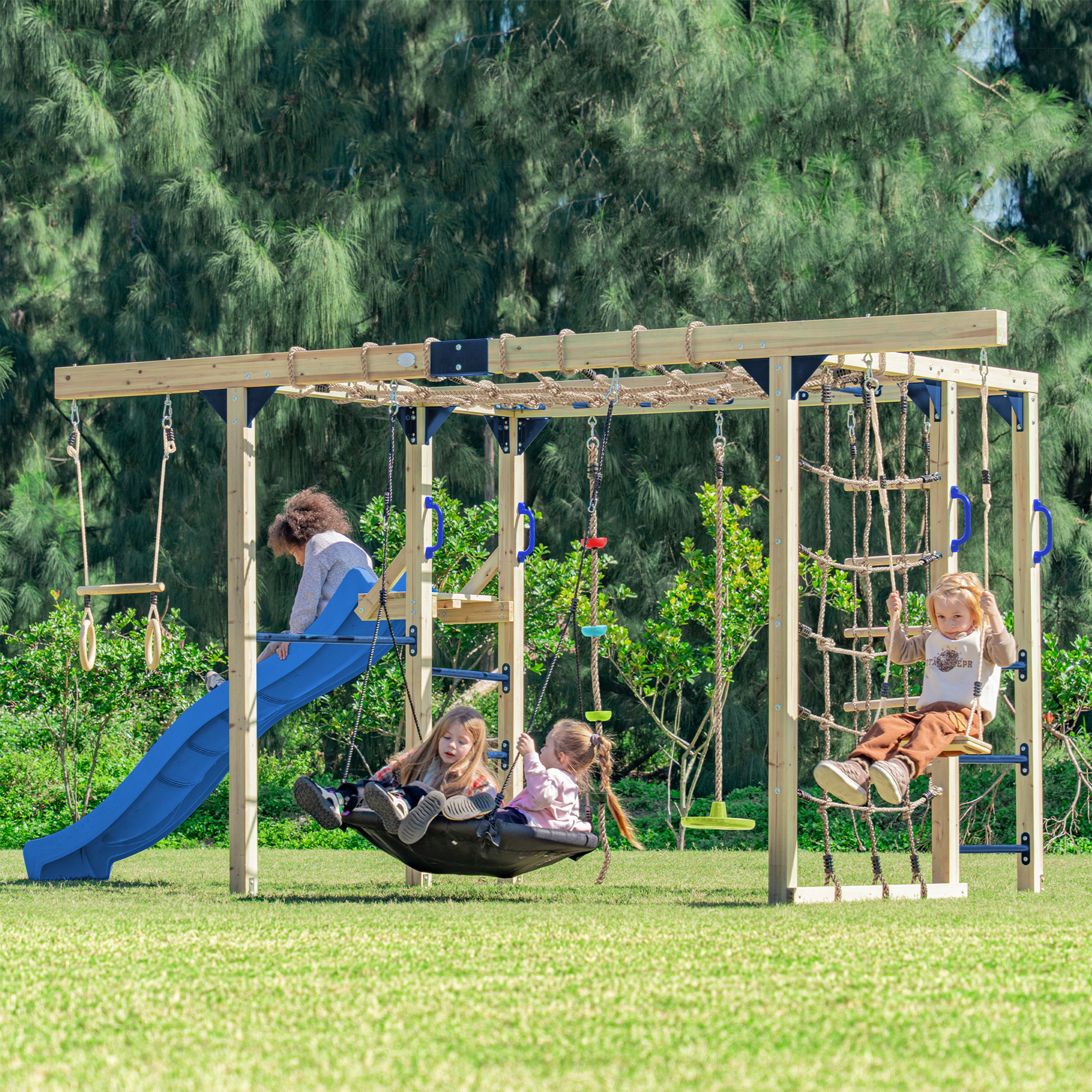 AXI Boris Wooden Playcentre with Swings, Trapeze, Climbing Nets and Monkey Bars – Blue Slide