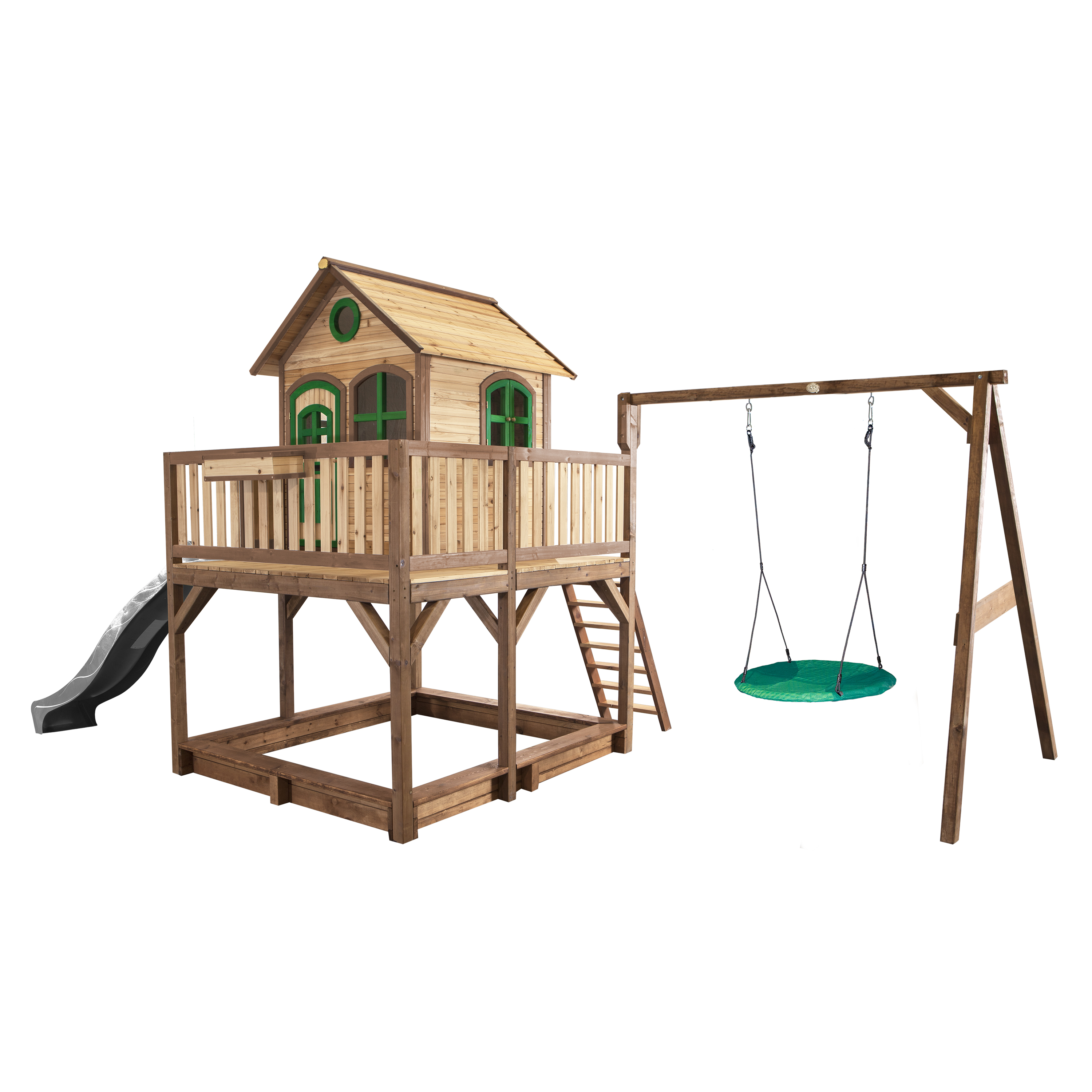 AXI Liam Playhouse with Summer Nest Swing Set Brown/Green - Grey Slide-8717973937685 AXI Liam Playhouse with Summer Nest Swing Set Brown/Green - Grey Slide