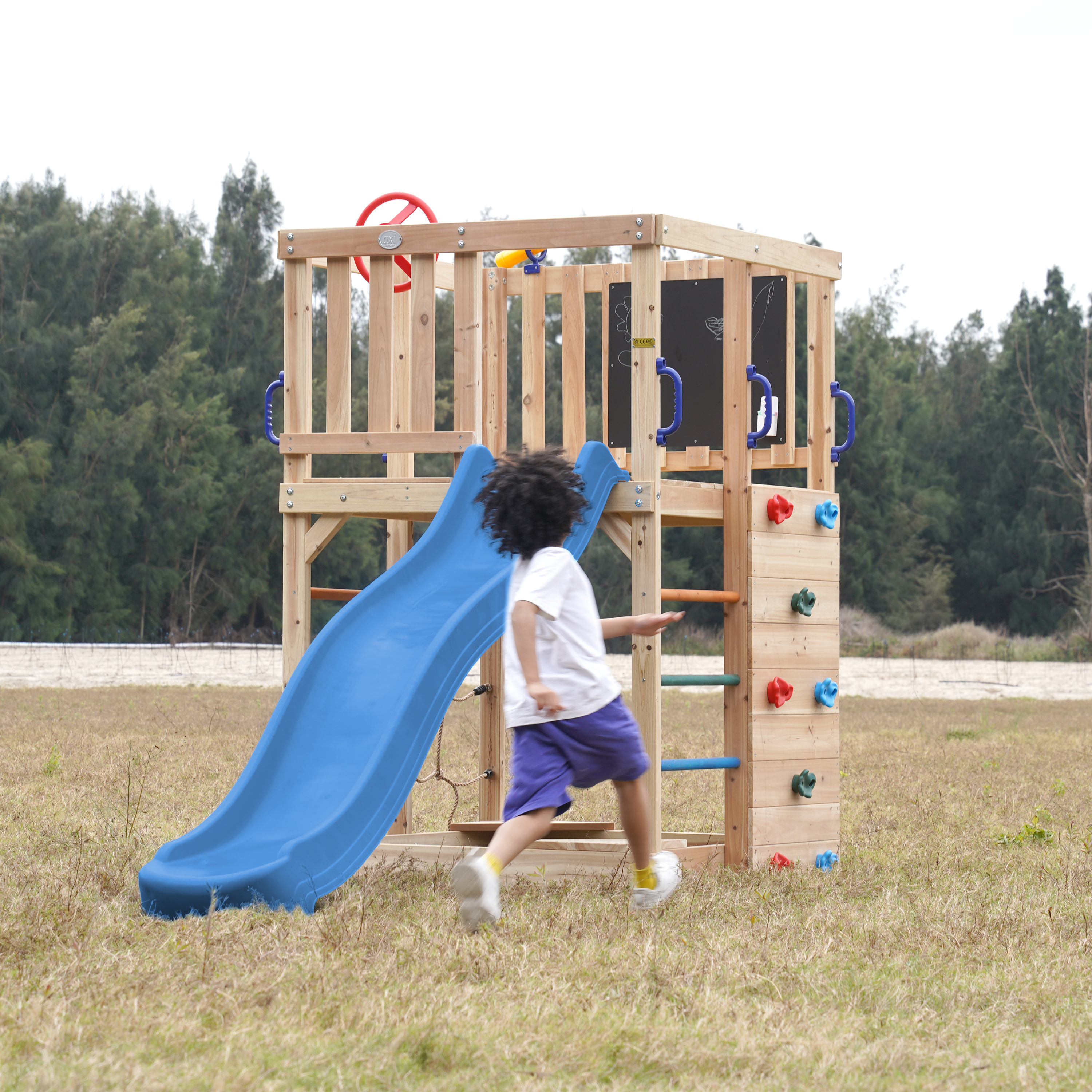 AXI Sam Climbing Frame with Climbing Wall. Climbing Net and Monkey Bars – Blue Slide