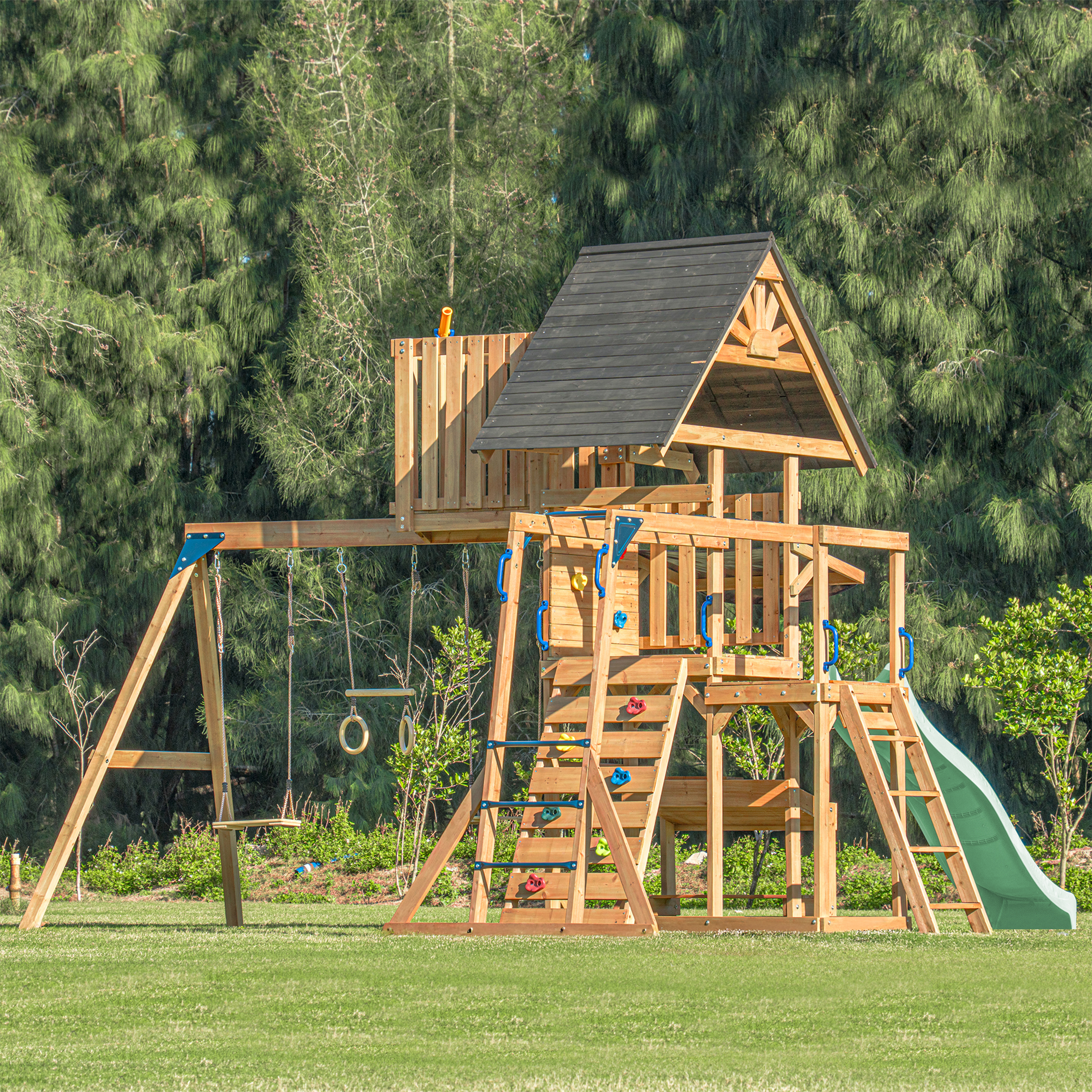 AXI Mitch Climbing Frame with Double Swing, Trapeze and Lookout Tower – Pastel Green Slide