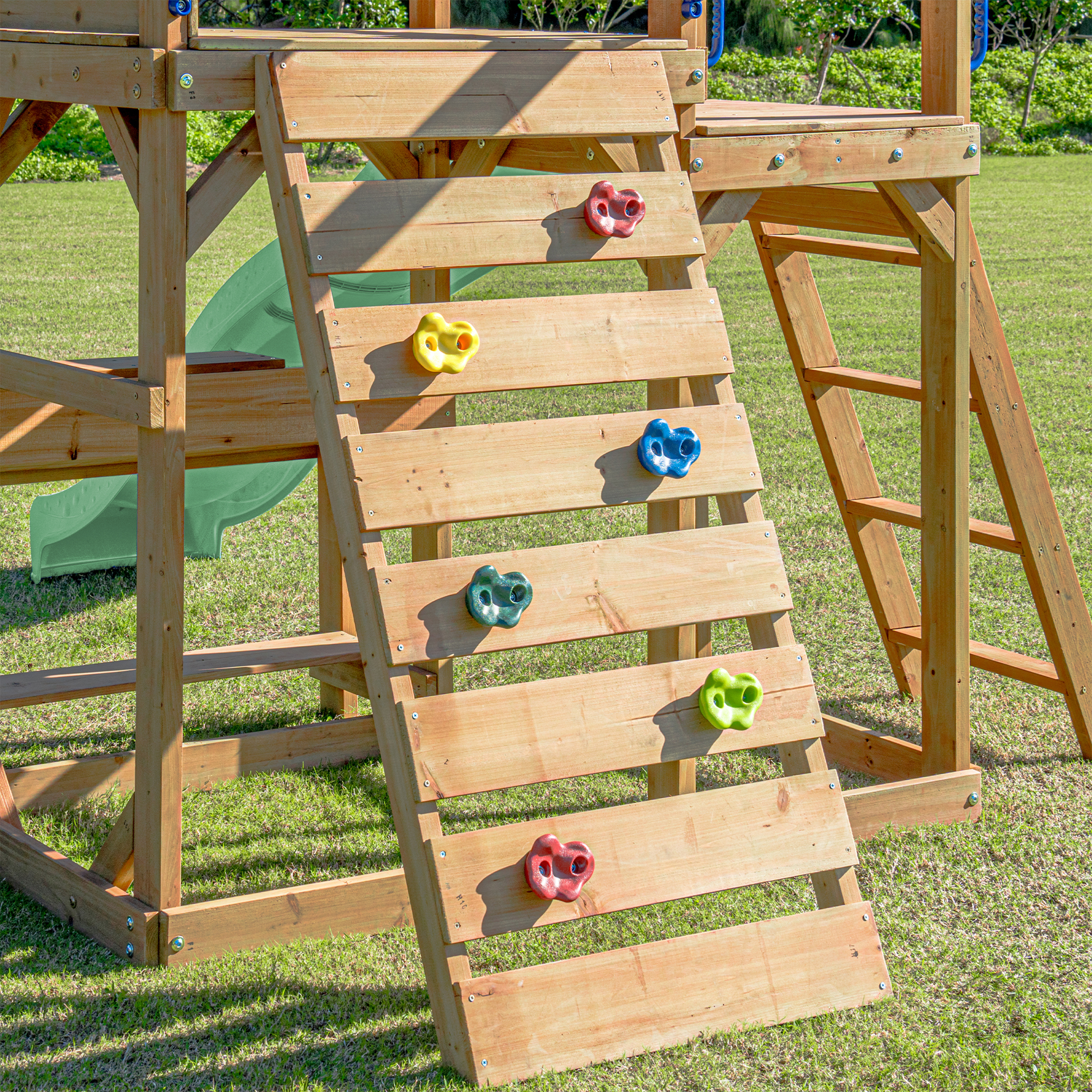 AXI Mitch Climbing Frame with Double Swing, Trapeze and Lookout Tower – Pastel Green Slide