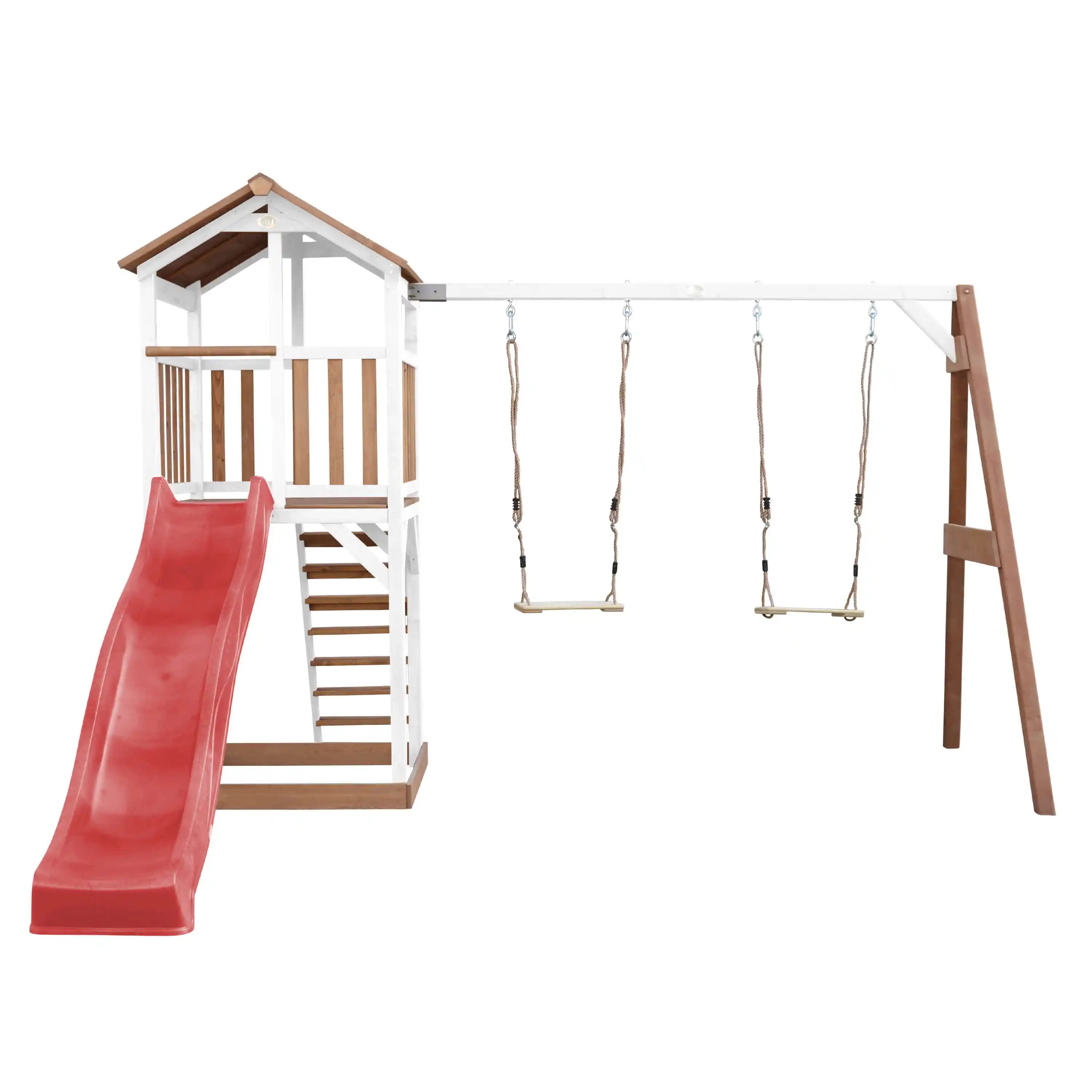 AXI Beach Tower Speeltoren met Dubbele Schommel Bruin/wit - Rode Glijbaan