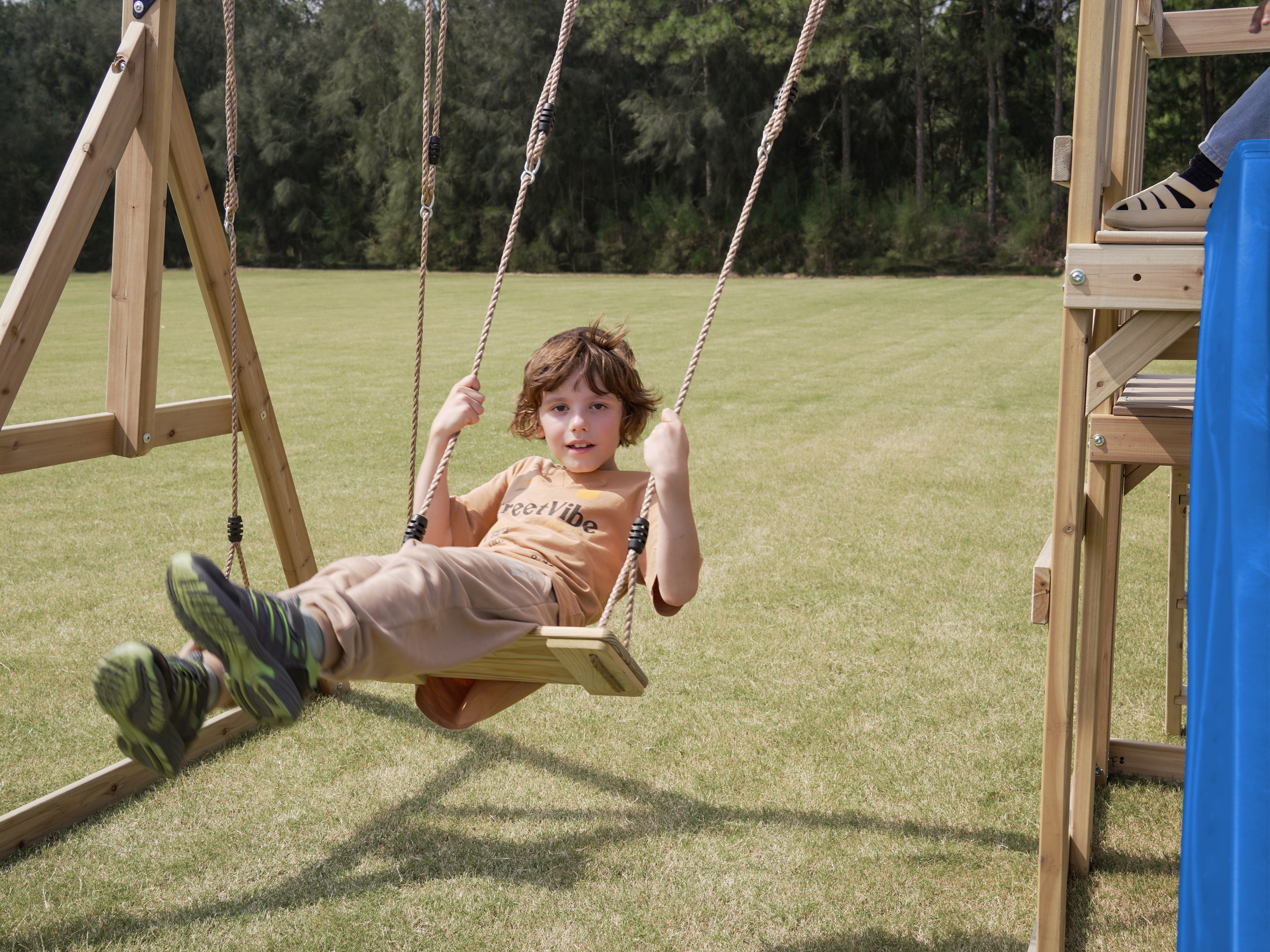 AXI Mette Climbing Frame with Double Swing Set and Picnic Table - Cream Slide