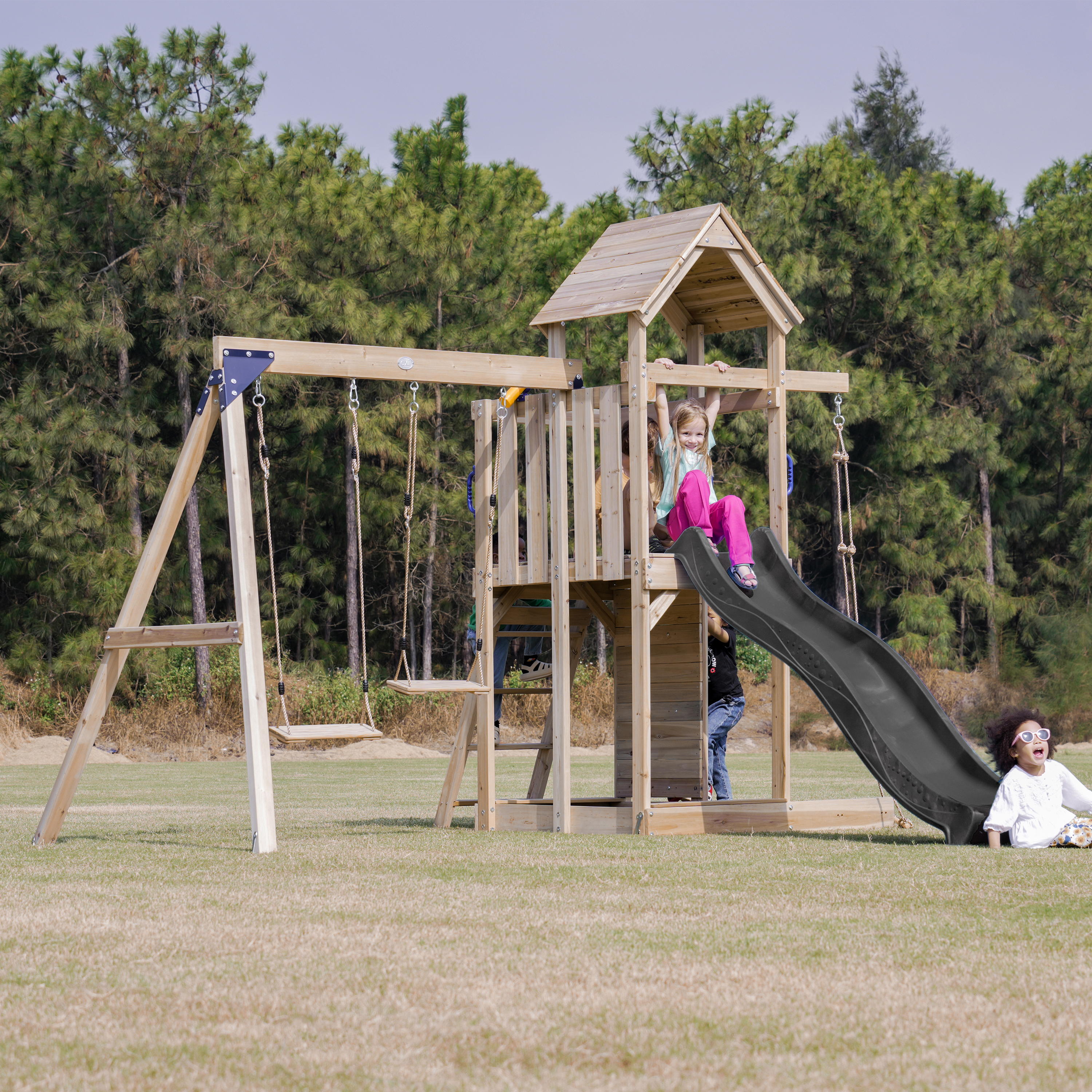 AXI Moos Climbing Frame with Double Swing Set - Grey Slide