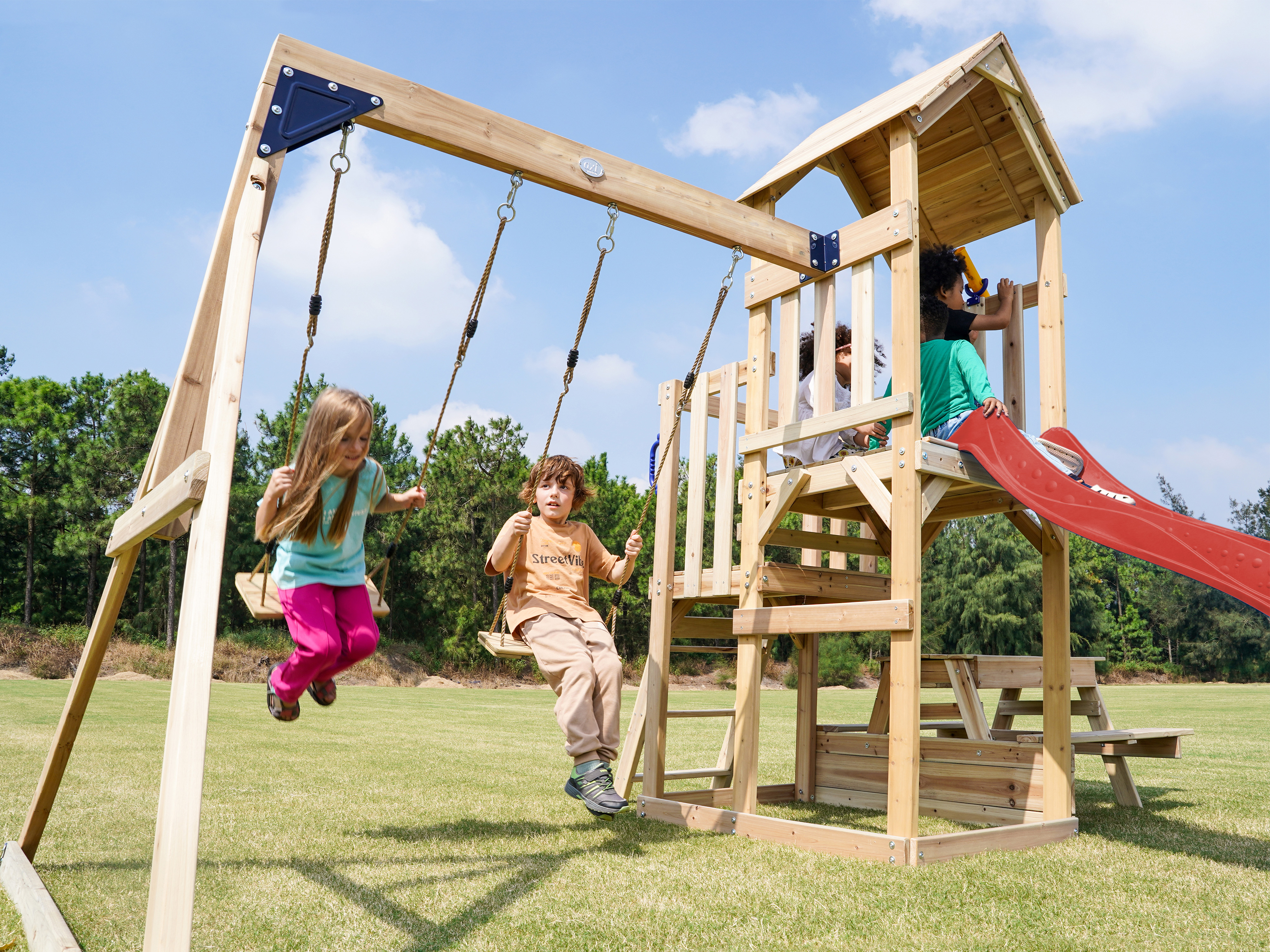 AXI Mette Playground with Double Swing Brown - Red Slide 