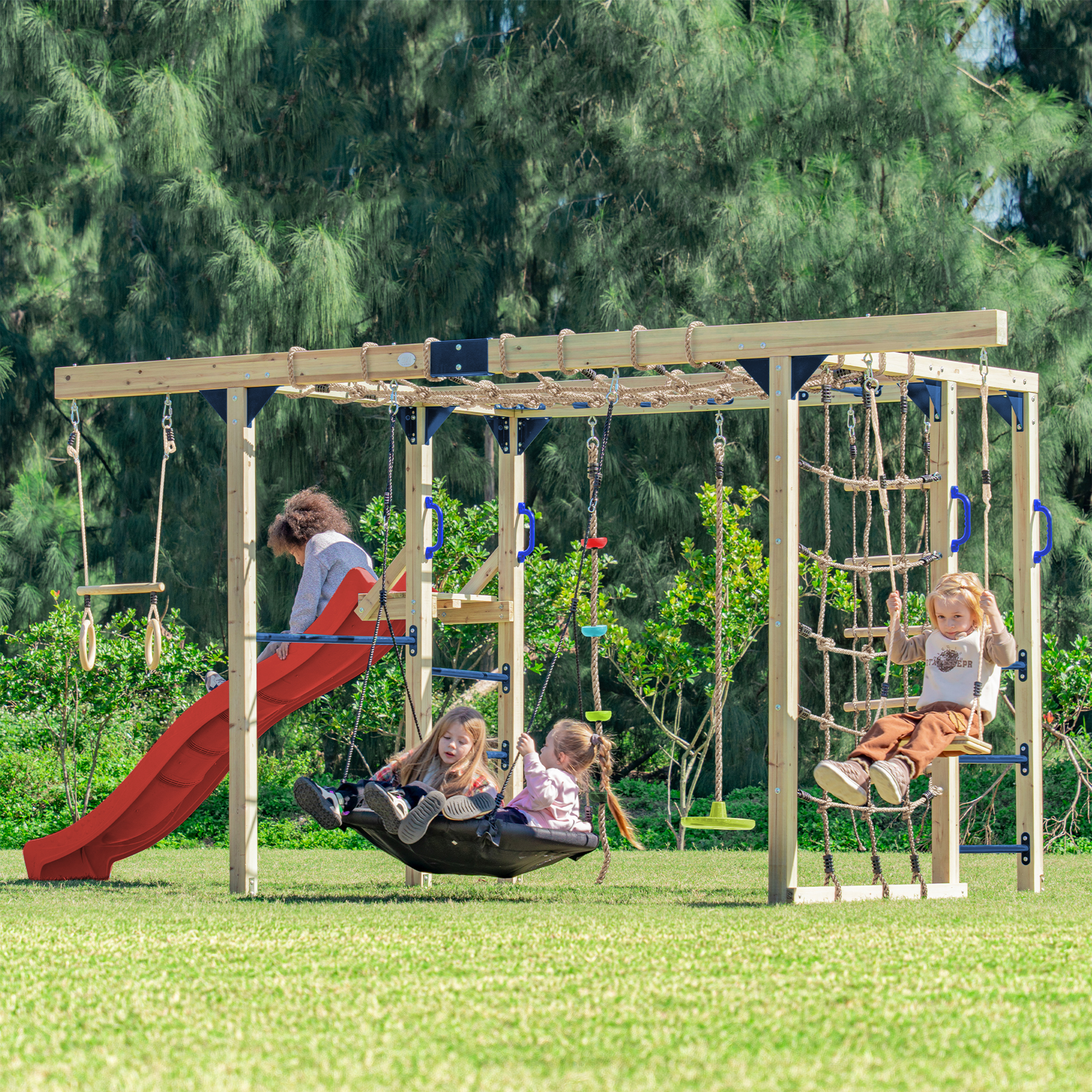 AXI Boris Wooden Playcentre with Swings, Trapeze, Climbing Nets and Monkey Bars – Red Slide