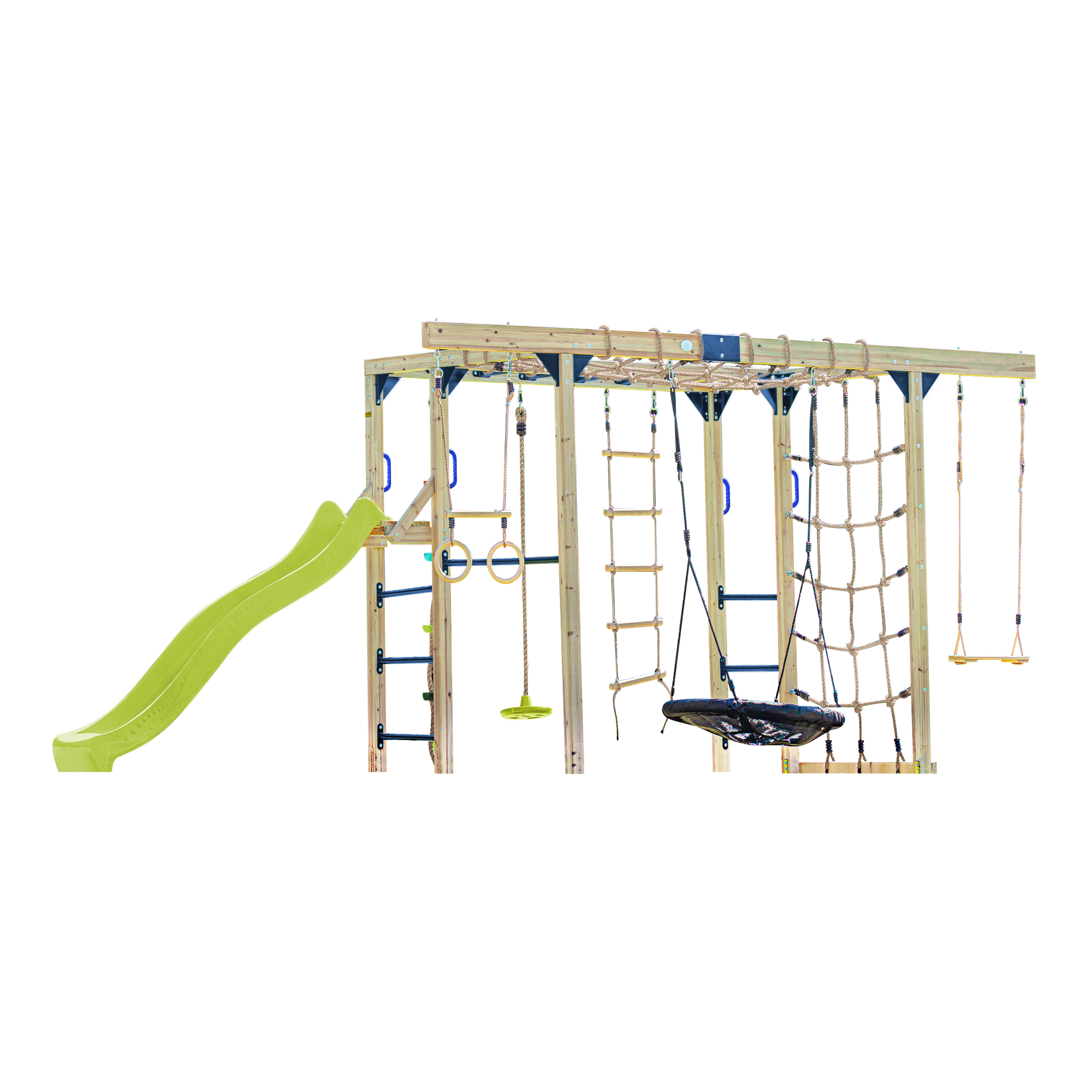 AXI Boris Wooden Playcentre with Swings, Trapeze, Climbing Nets and Monkey Bars – Lime Green Slide