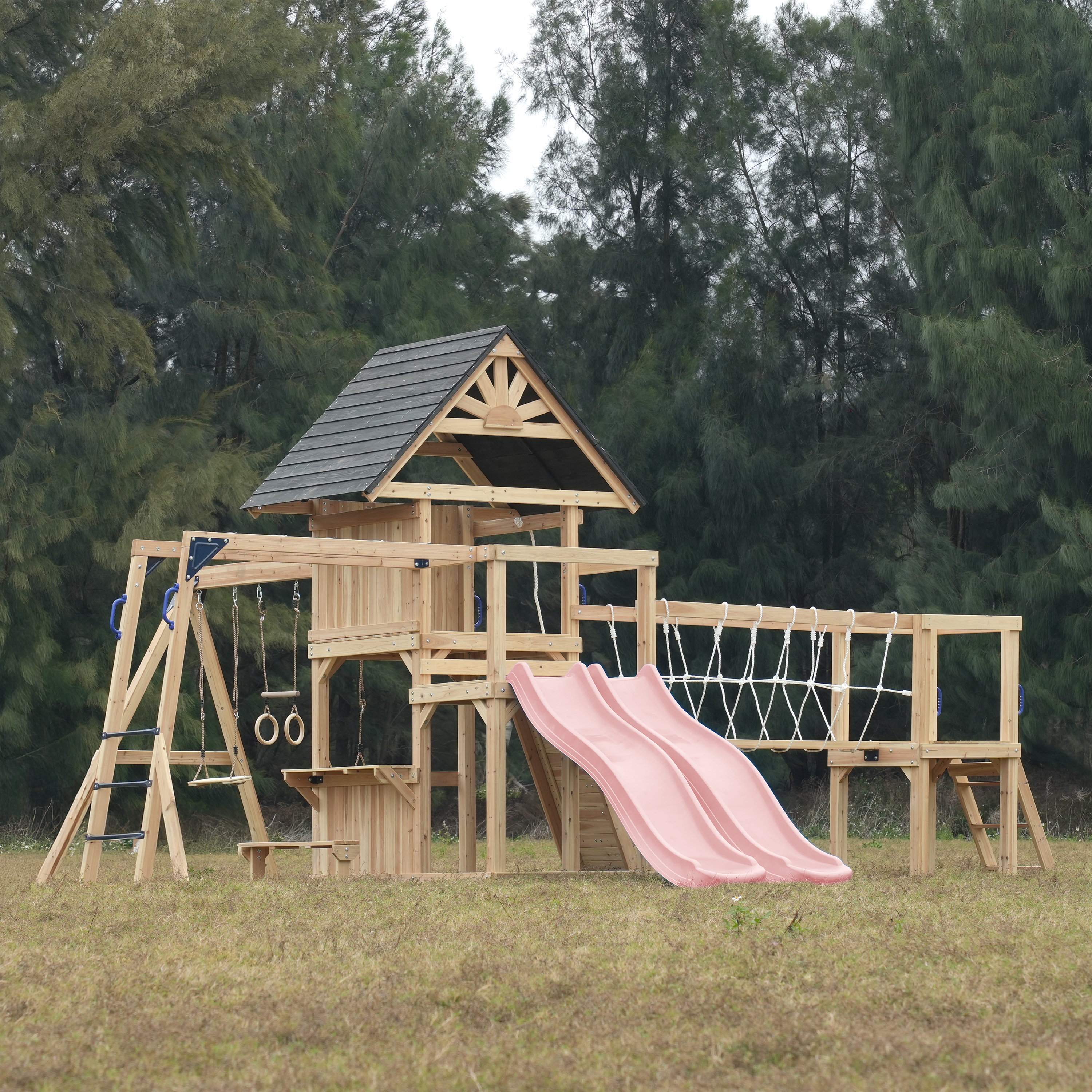 AXI Hunter Climbing Frame with Swings, Climbing Frame, Climbing Bridge and Multiple Platforms – Pastel Pink Double Slide