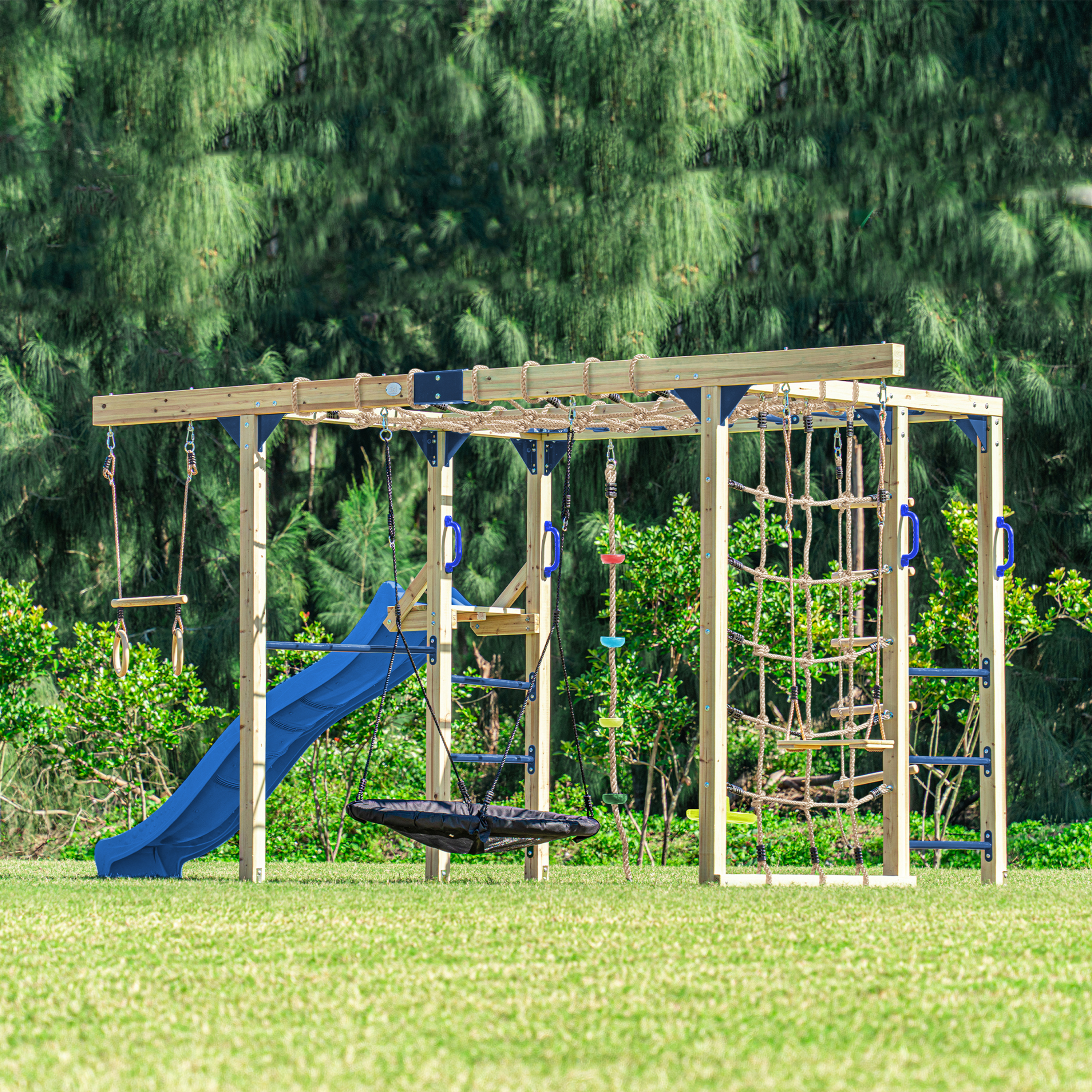 AXI Boris Wooden Playcentre with Swings, Trapeze, Climbing Nets and Monkey Bars – Blue Slide
