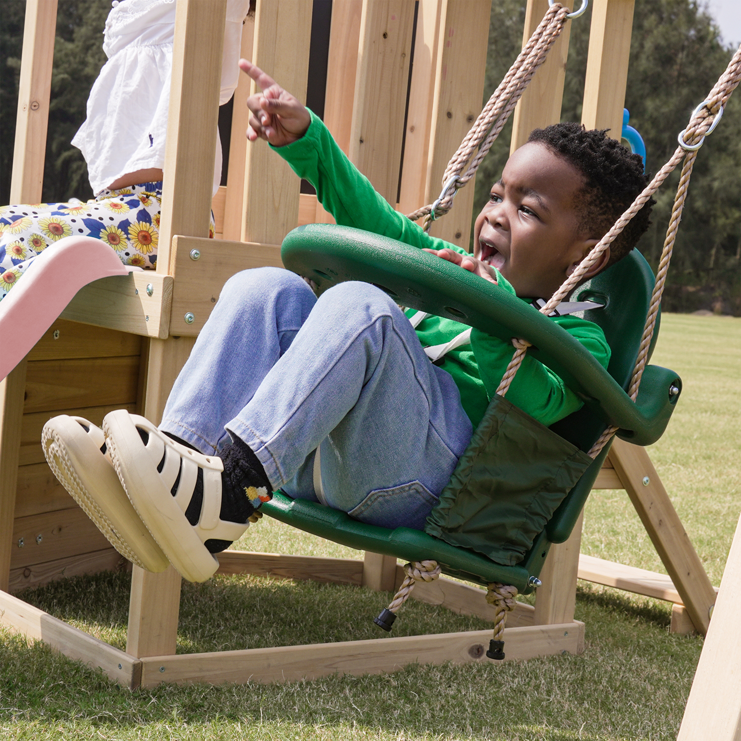 AXI Timo Mini Climbing Frame with Baby Swing. Climbing Wall and Chalkboard – Pastel Pink Slide