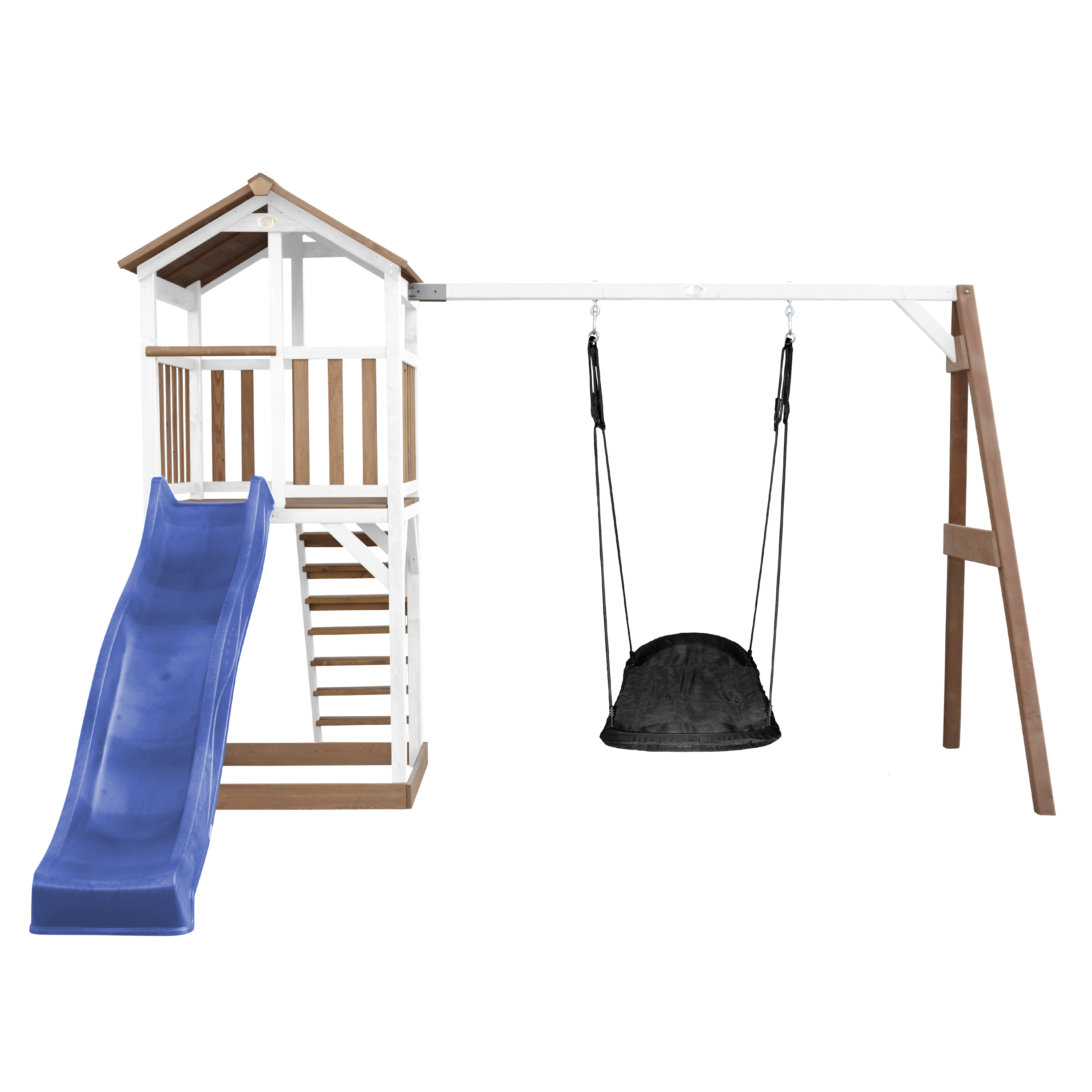 AXI Beach Tower with Roxy Nest Swing Set Brown/White - Blue Slide-8717973939221 AXI Beach Tower with Roxy Nest Swing Set Brown/White - Blue Slide