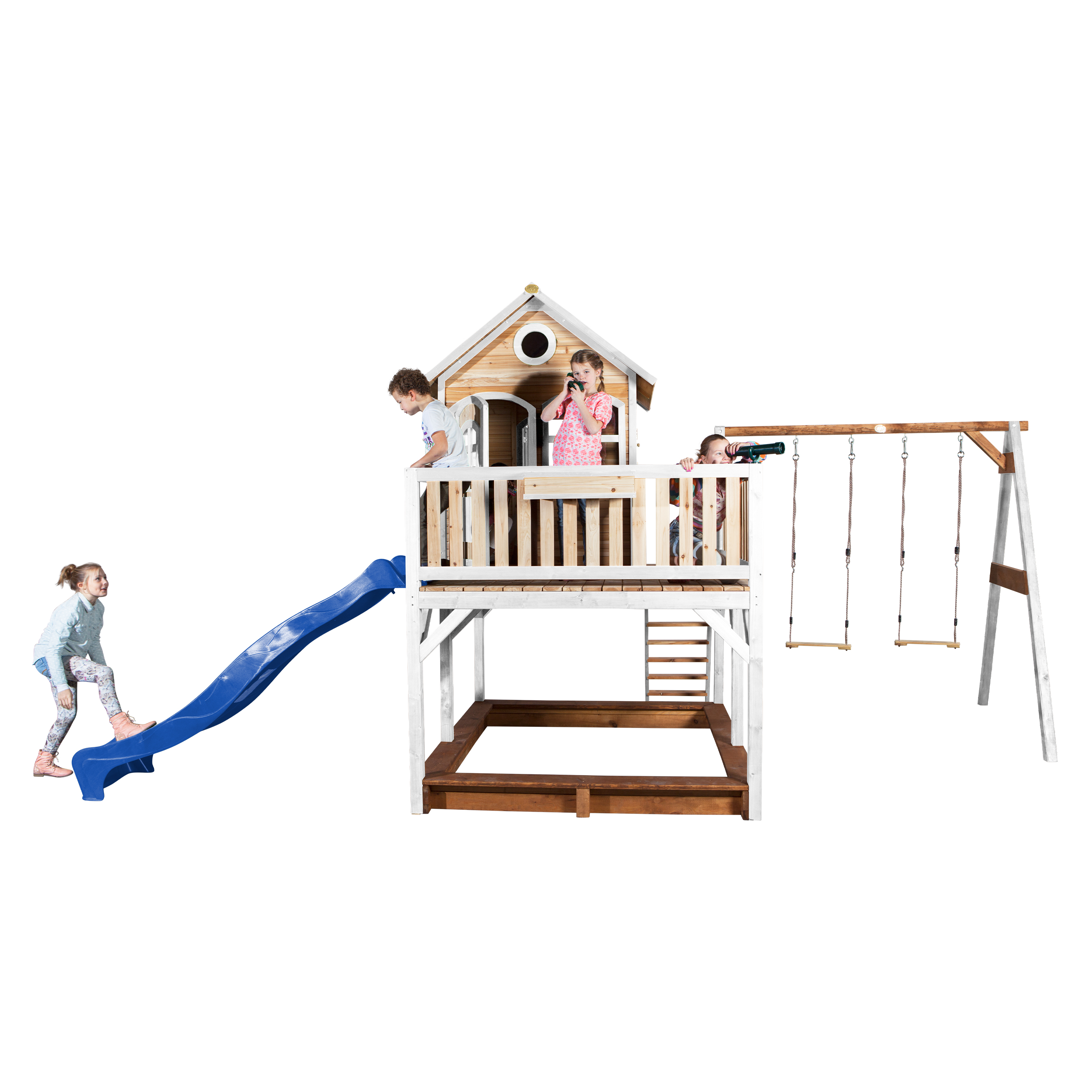 AXI Liam Playhouse with Double Swing Set Brown/White - Blue Slide