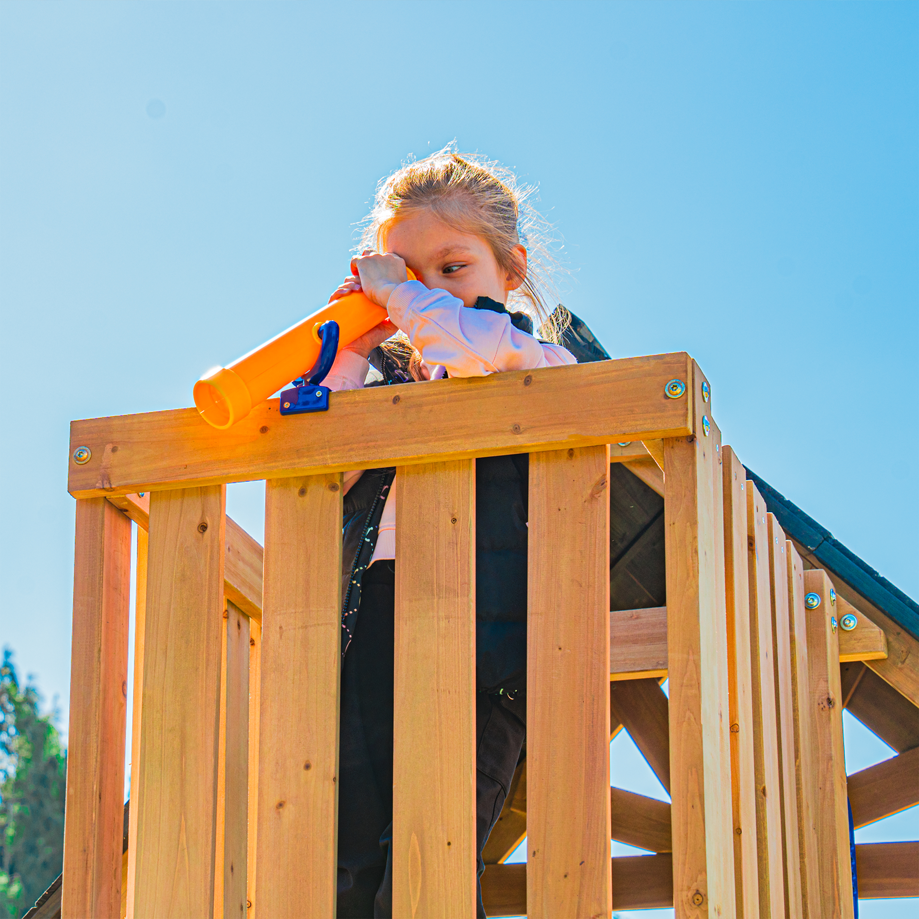 AXI Mitch Climbing Frame with Double Swing, Trapeze and Lookout Tower – Blue Slide