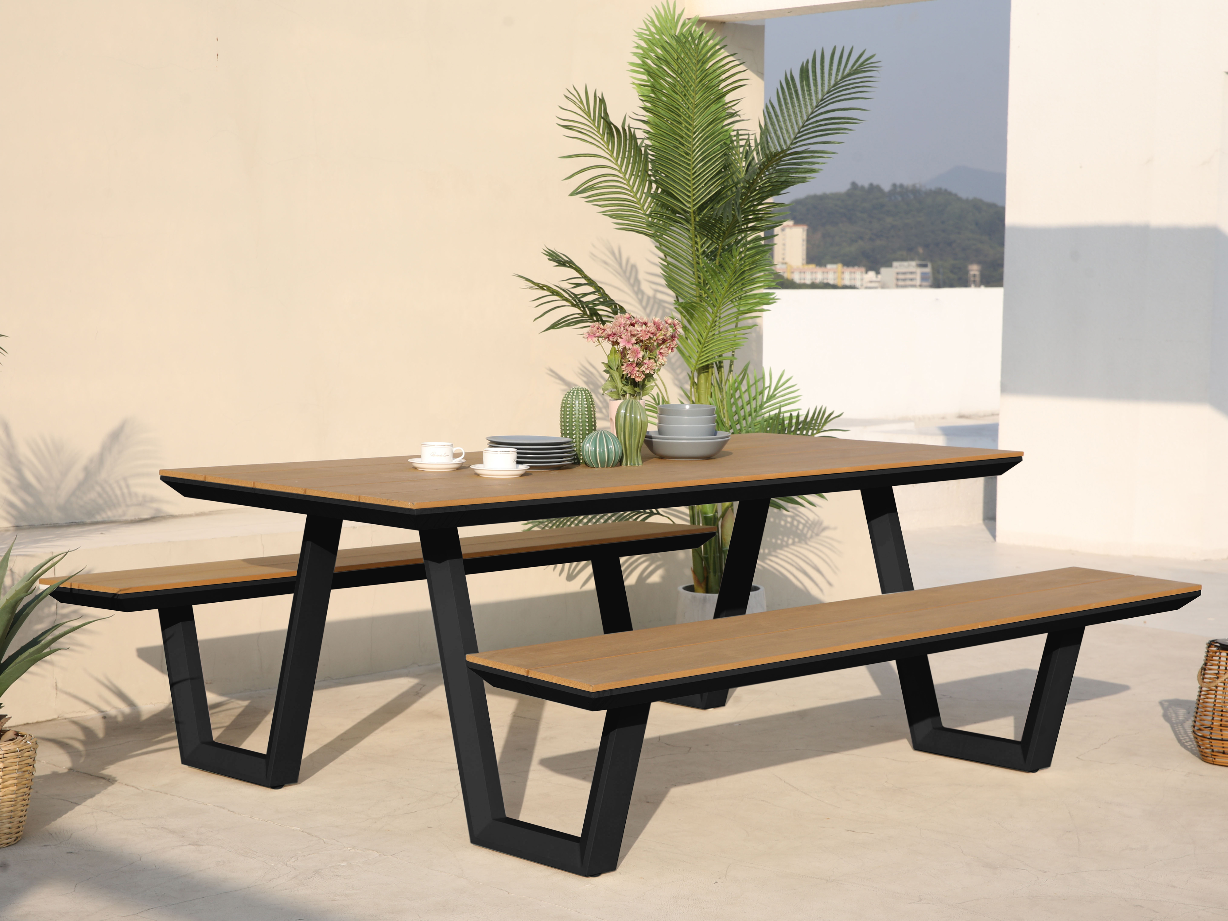 AXI Nori Table de pique-nique avec 2 bancs Anthracite - Polywood aspect teck