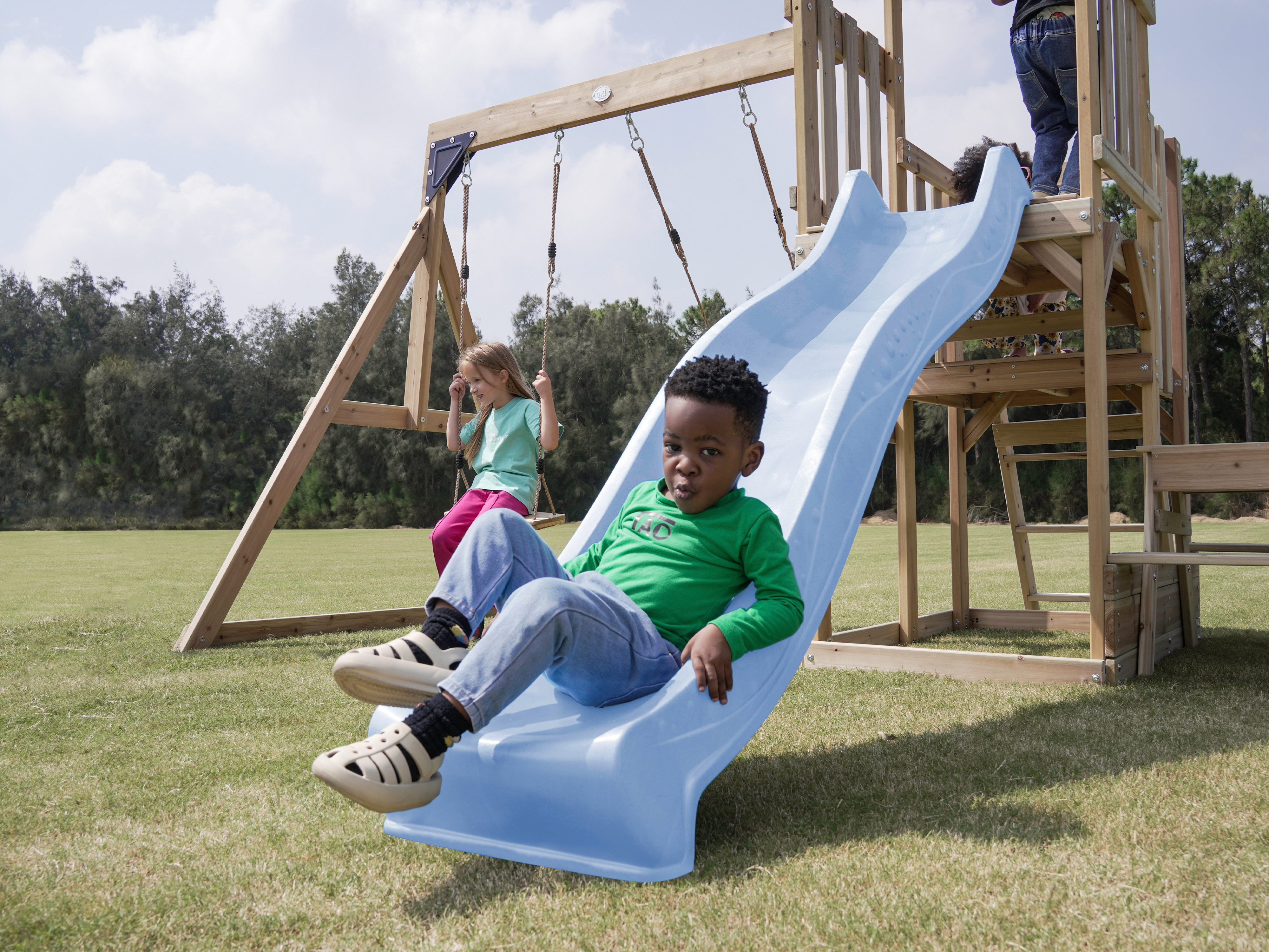 AXI Mette Climbing Frame with Double Swing Set and Picnic Table - Pastel Blue Slide