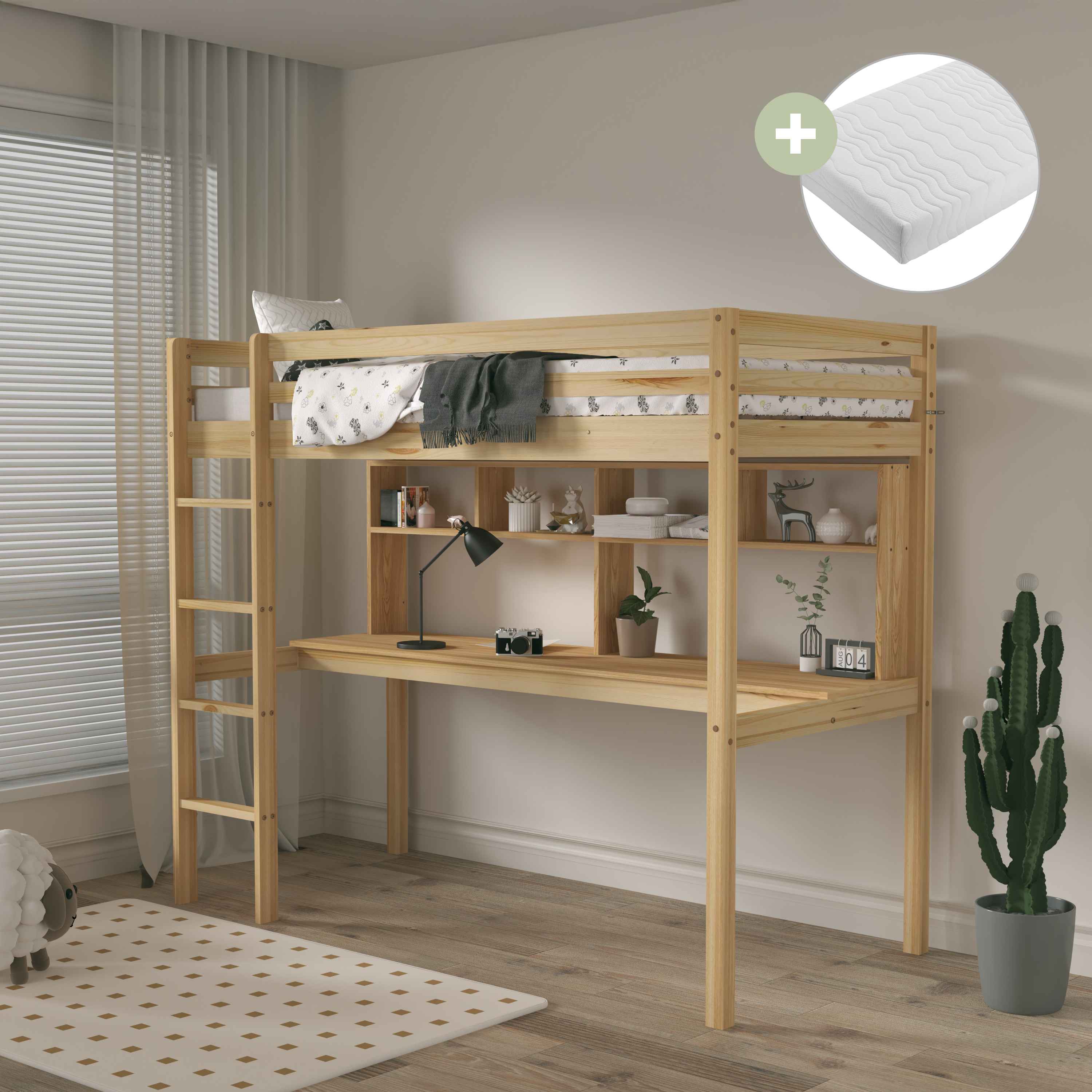 Sunny Sil Loft Bed with Desk Natural – With Mattress