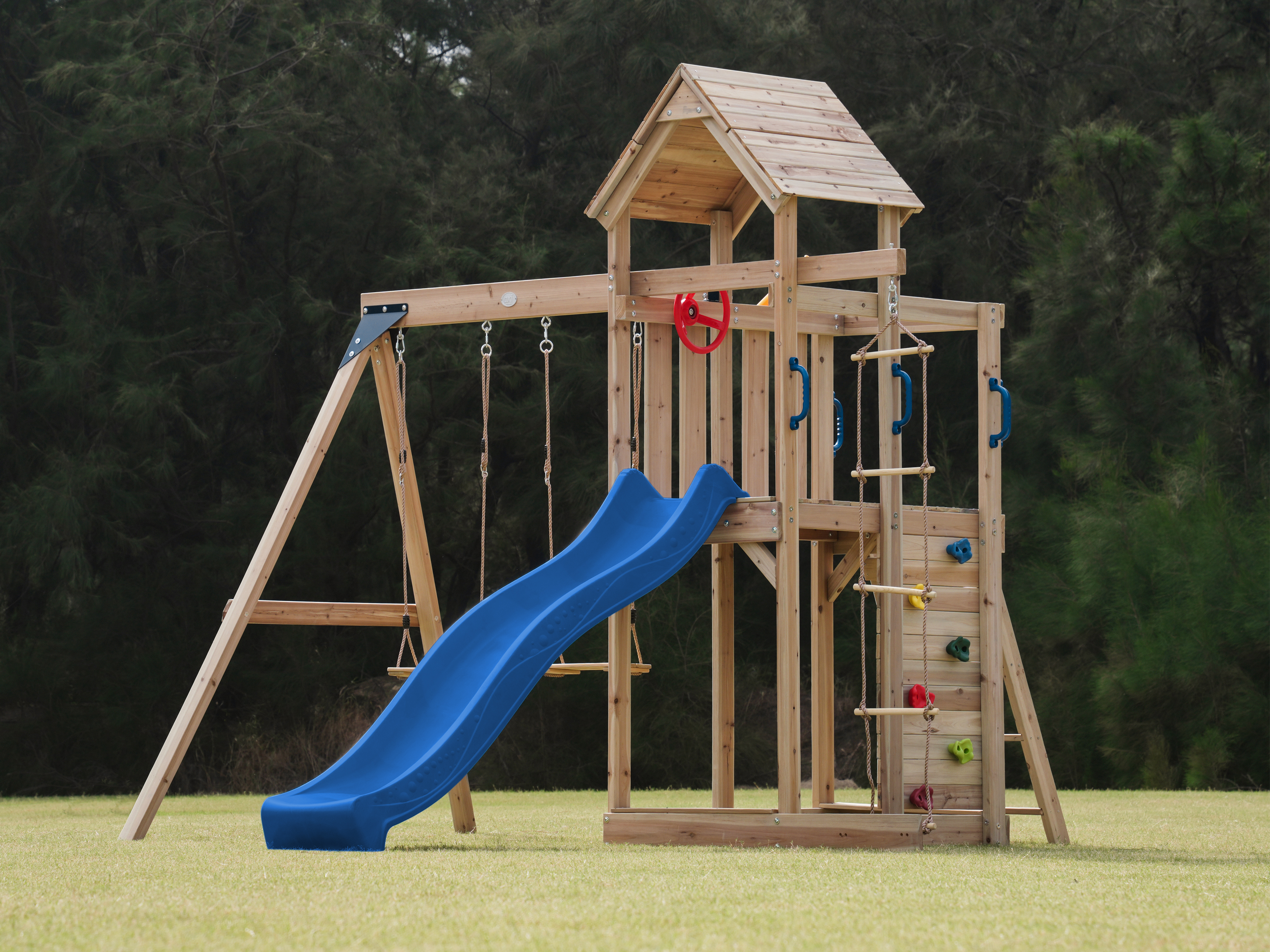 AXI Moos Aire de jeux avec balançoire double et échelle en corde marron - toboggan bleu 