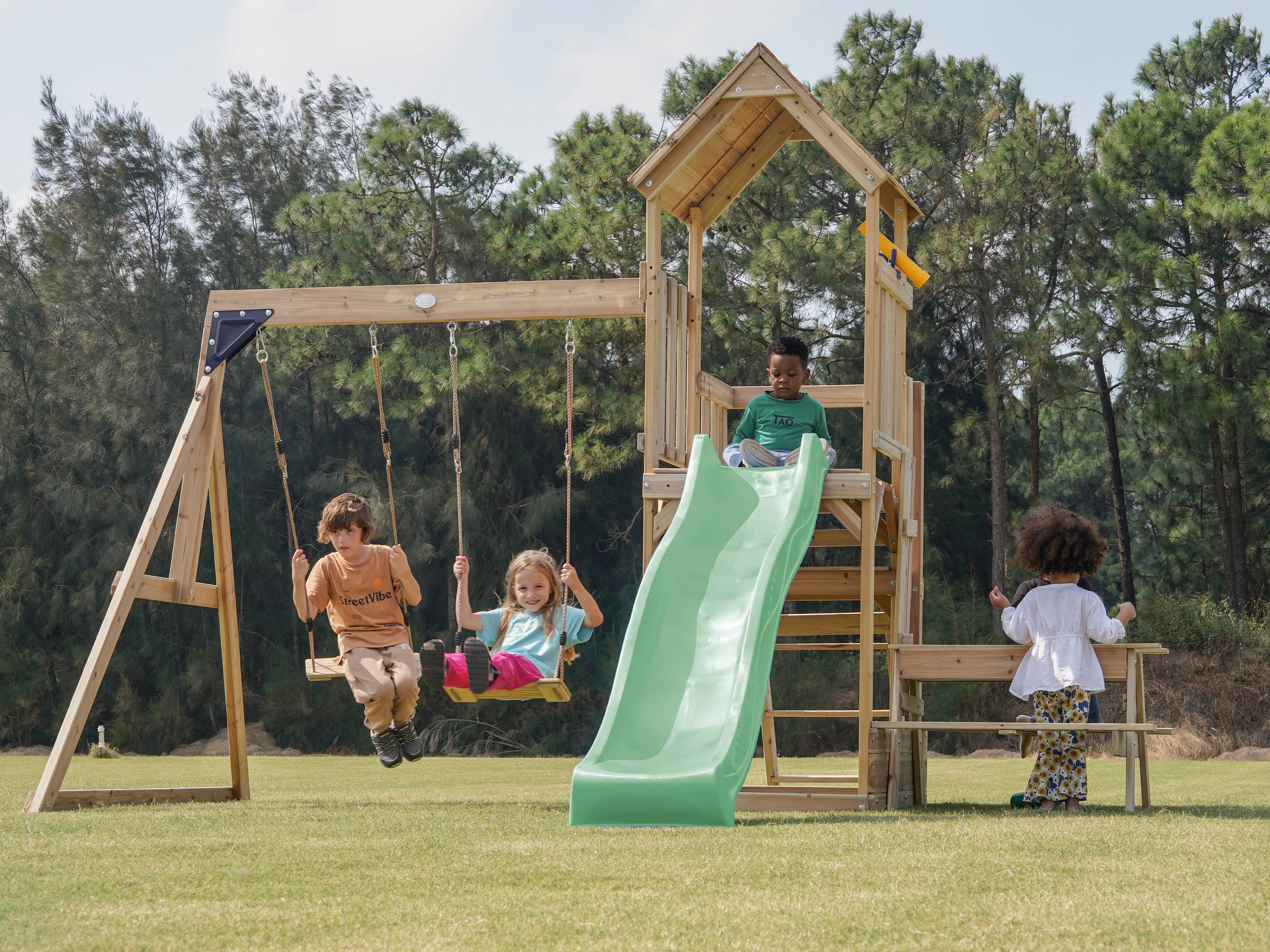 AXI Mette Climbing Frame with Double Swing Set and Picnic Table - Pastel Green Slide