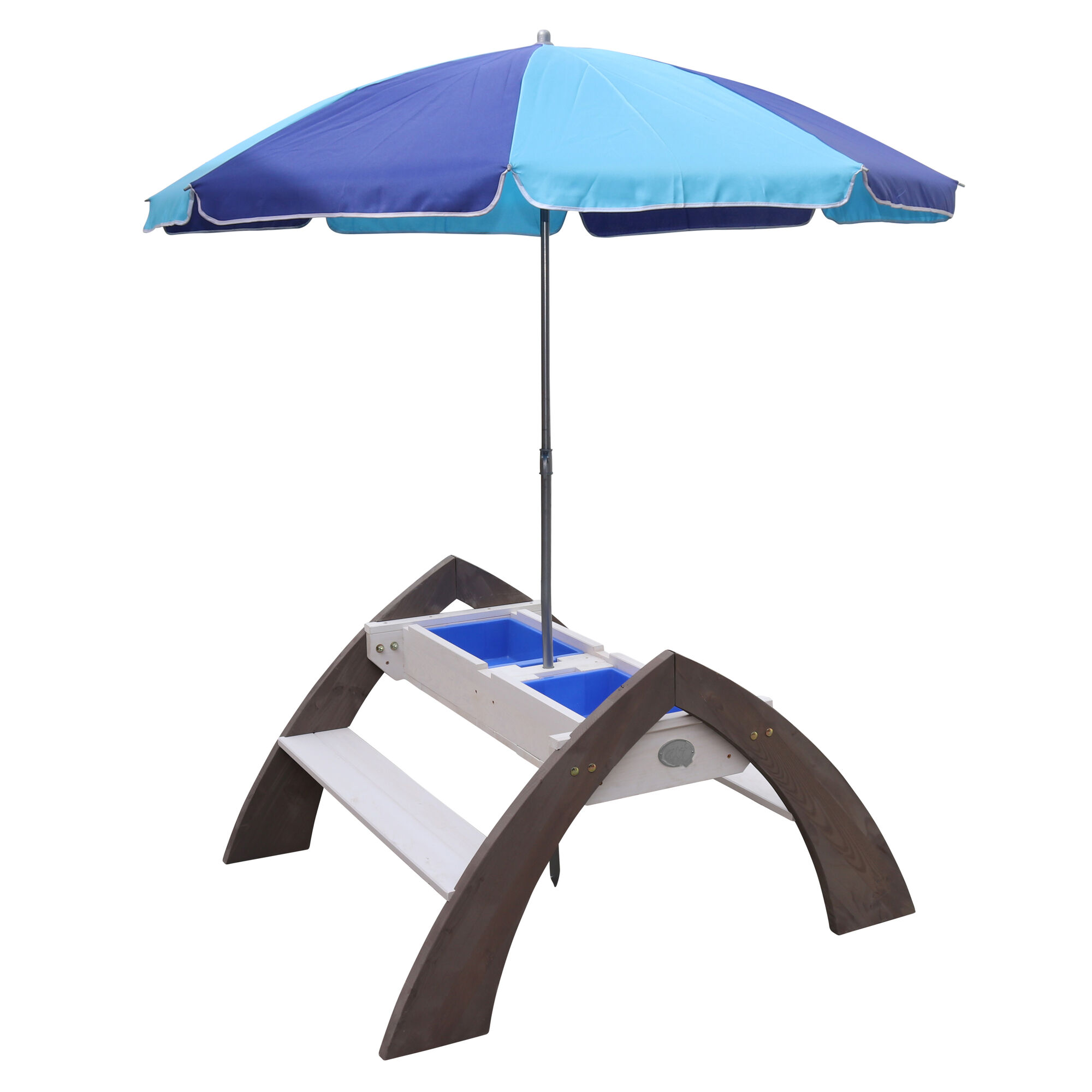 productfoto AXI Delta Zand & Water Picknicktafel Grijs/wit Parasol Blauw