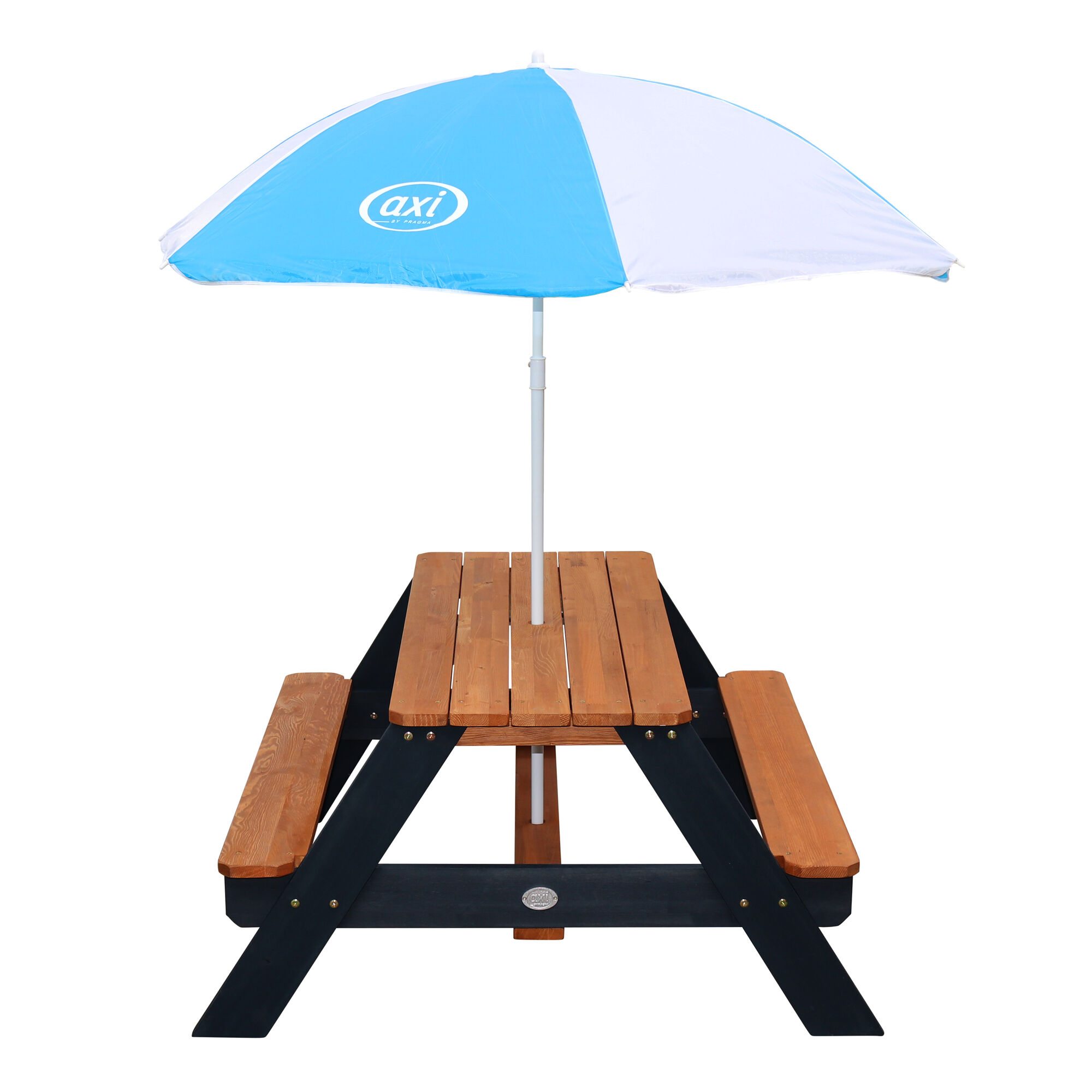 productfoto AXI Nick Picknicktafel Antraciet/bruin - Parasol Blauw/wit