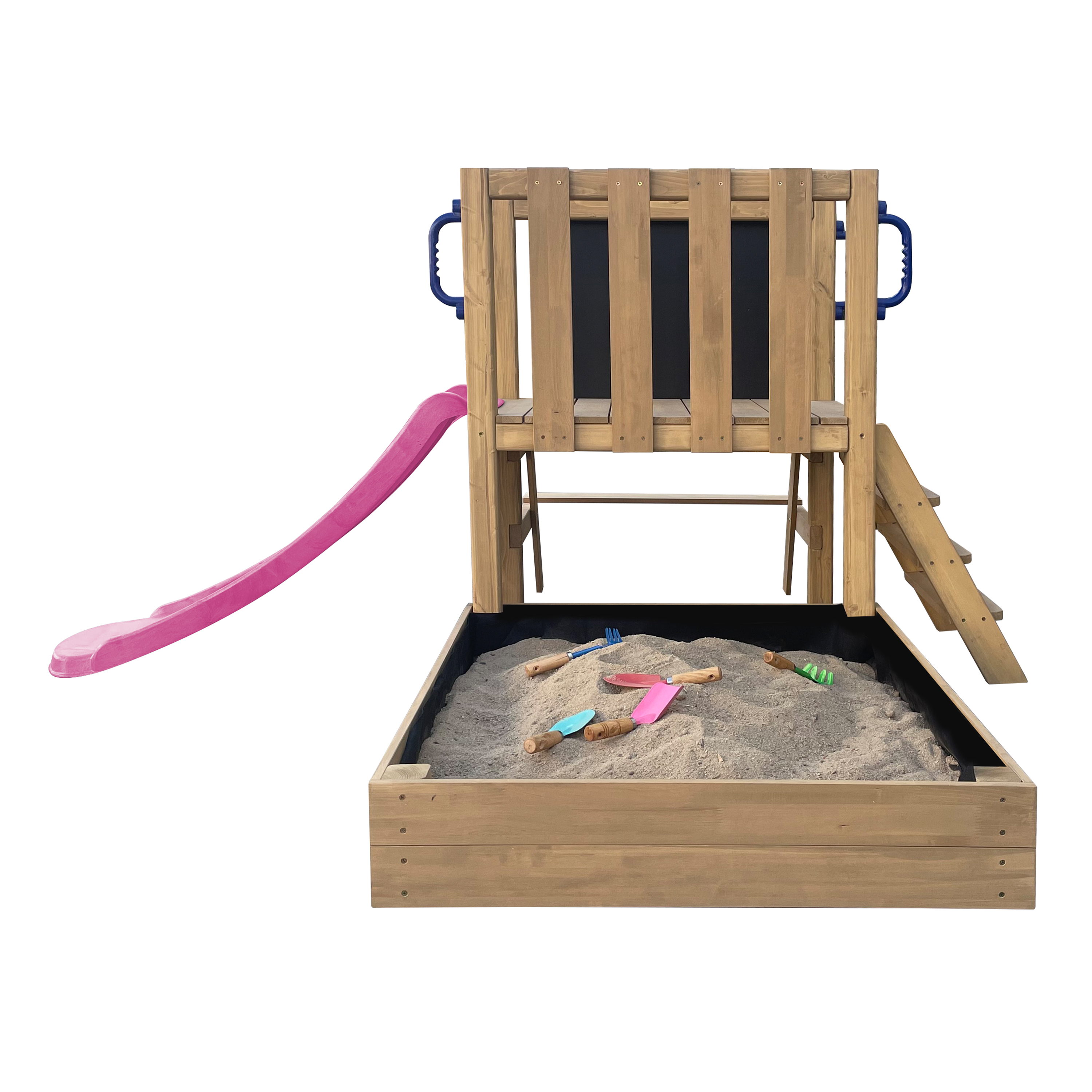 AXI Leah Mini Wooden Playtower with Sandbox. Picnic Table & Chalkboard – Purple Slide