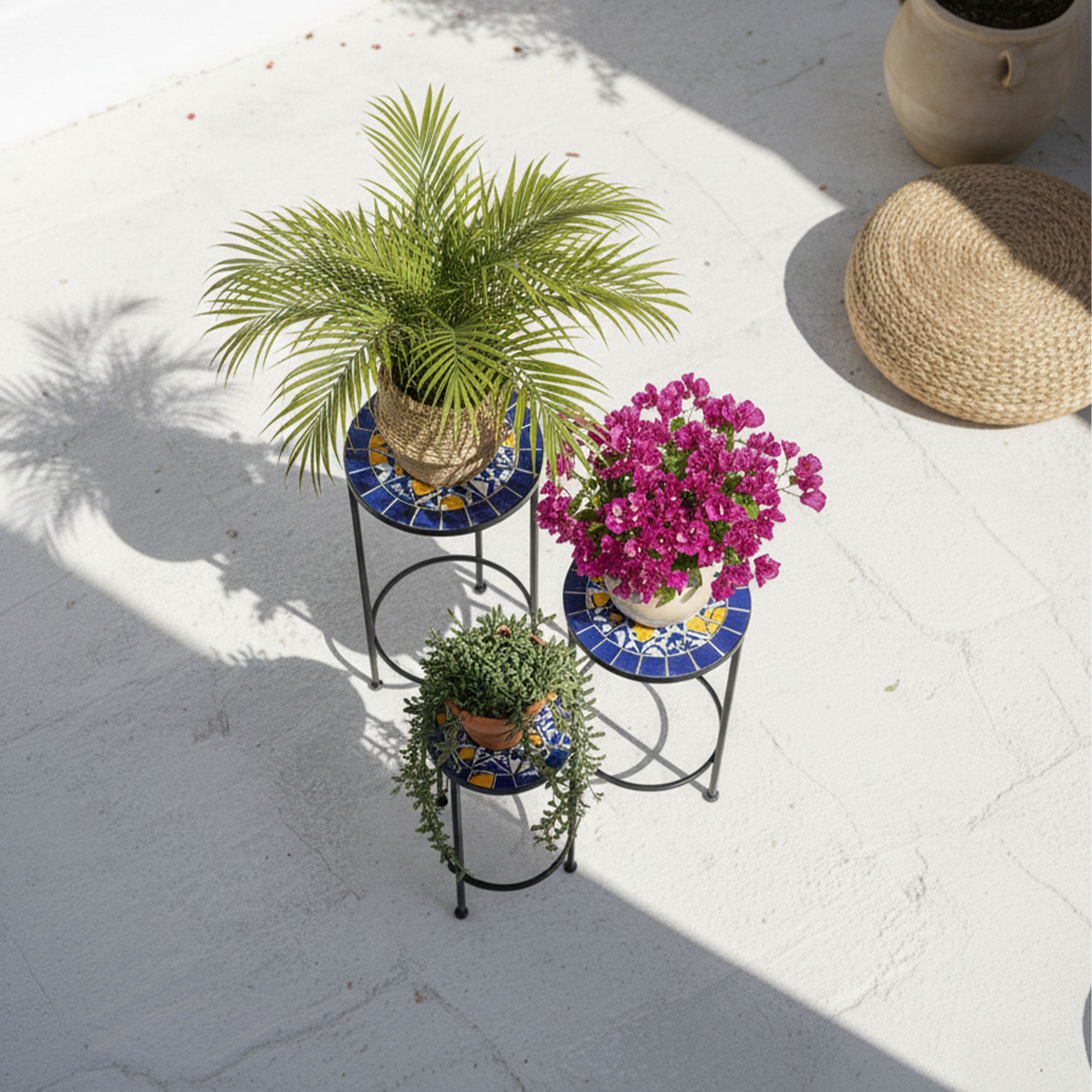 AXI Lola Mosaic Plant Table Round Mediterranean Style – Blue/Yellow – Set of 3