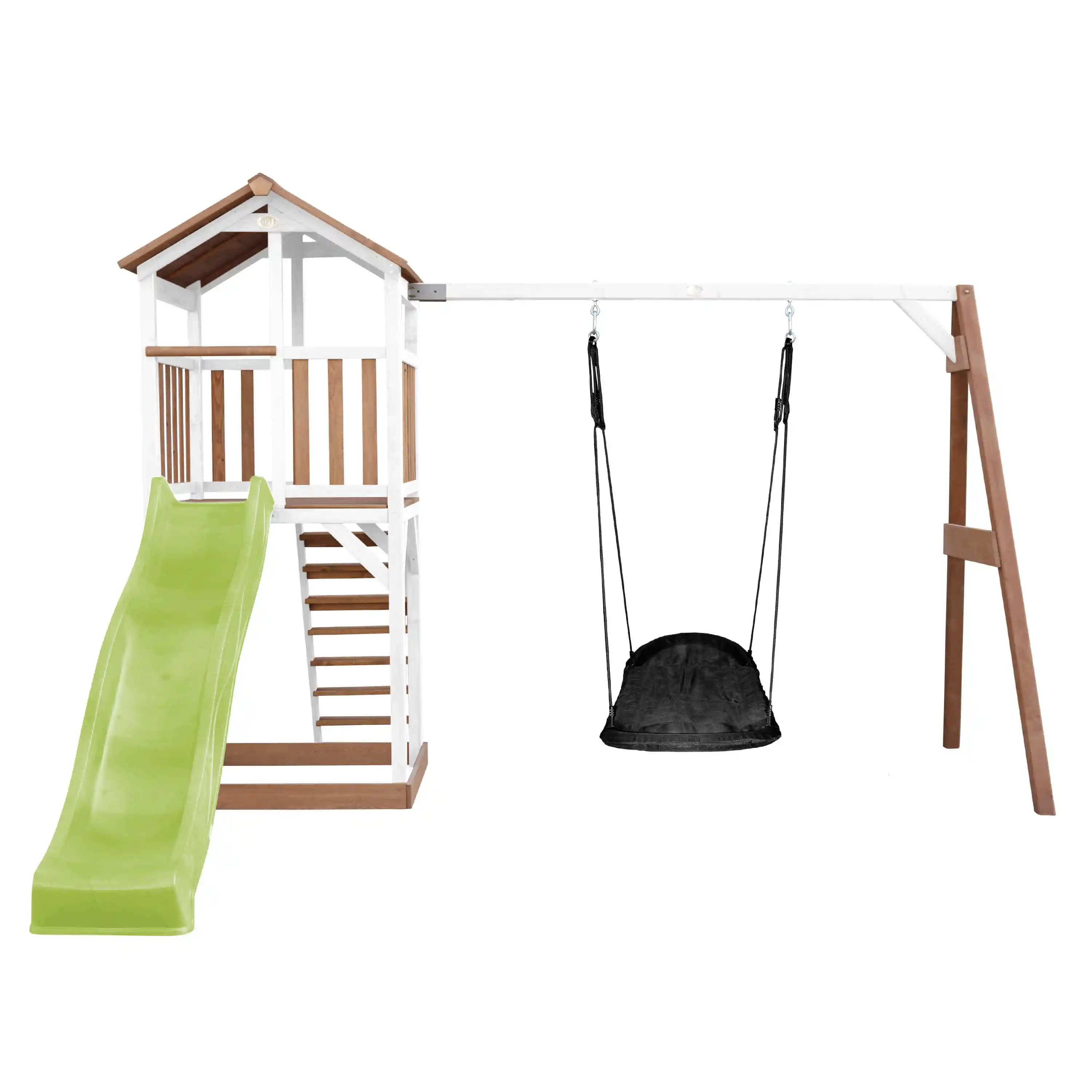 AXI Beach Tower Speeltoren met Roxy Nestschommel Bruin/wit - Limoen groene Glijbaan