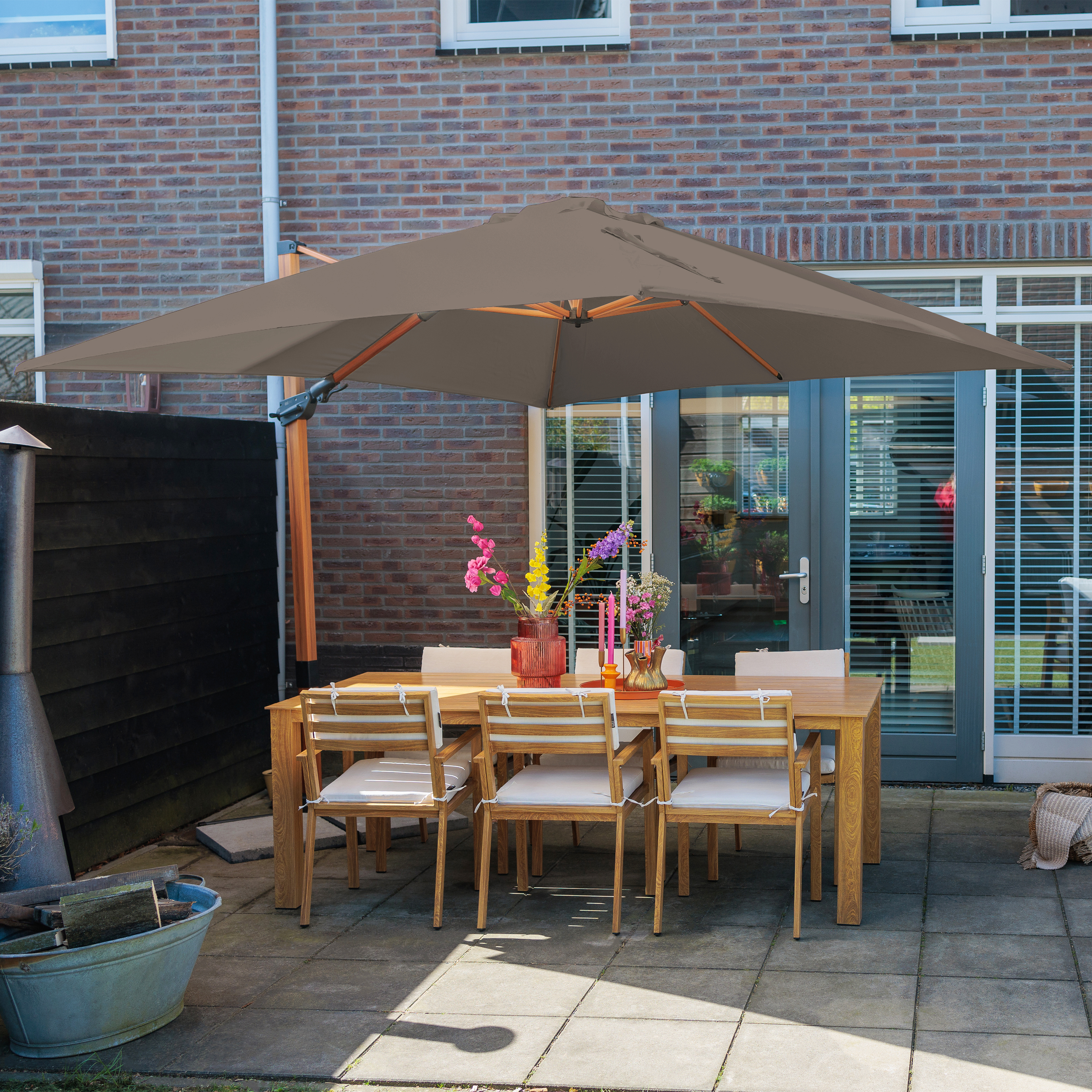 AXI Apollo Premium Zweefparasol 300x300cm Houtlook/taupe 