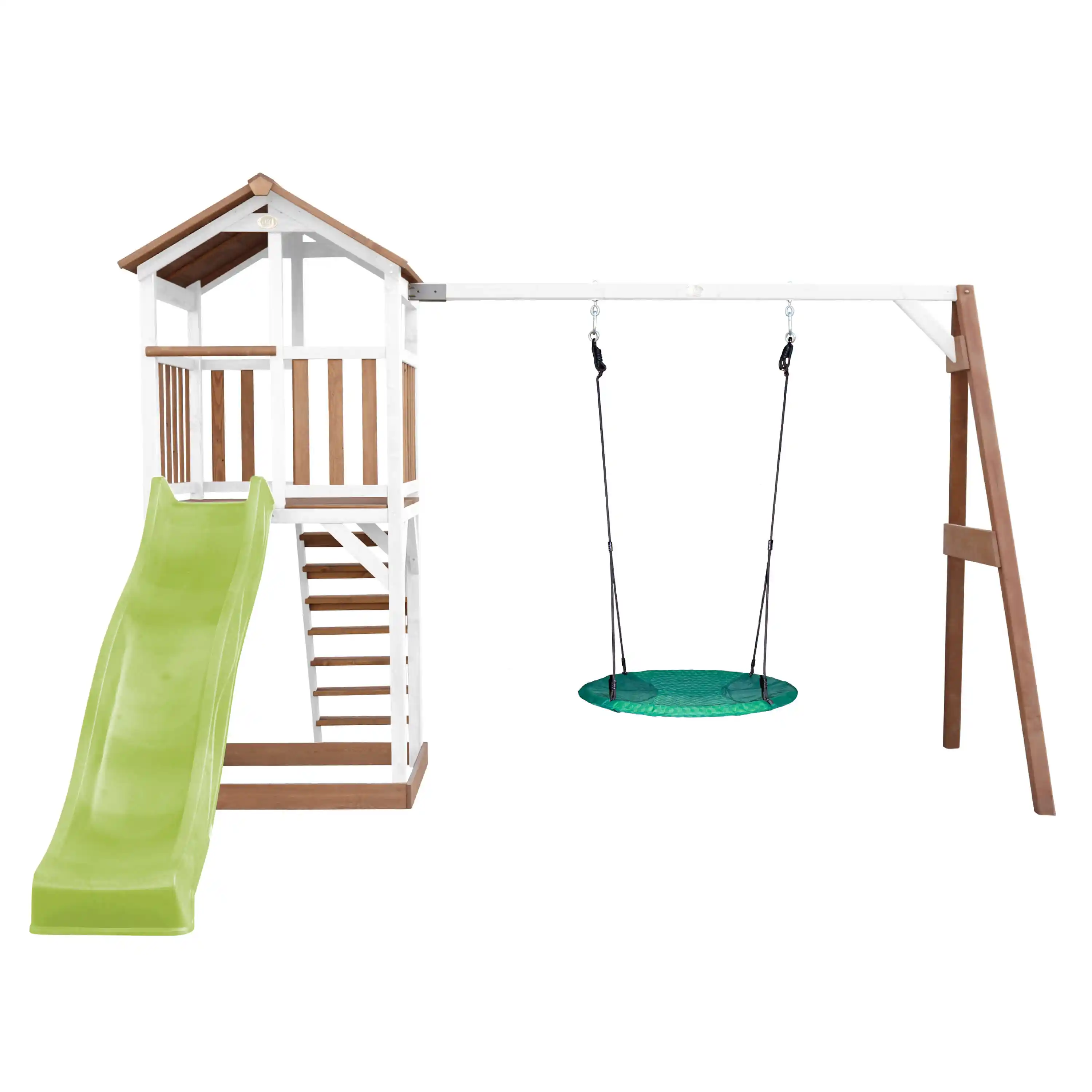 AXI Beach Tower Speeltoren met Summer Nestschommel Bruin/wit - Limoen groene Glijbaan