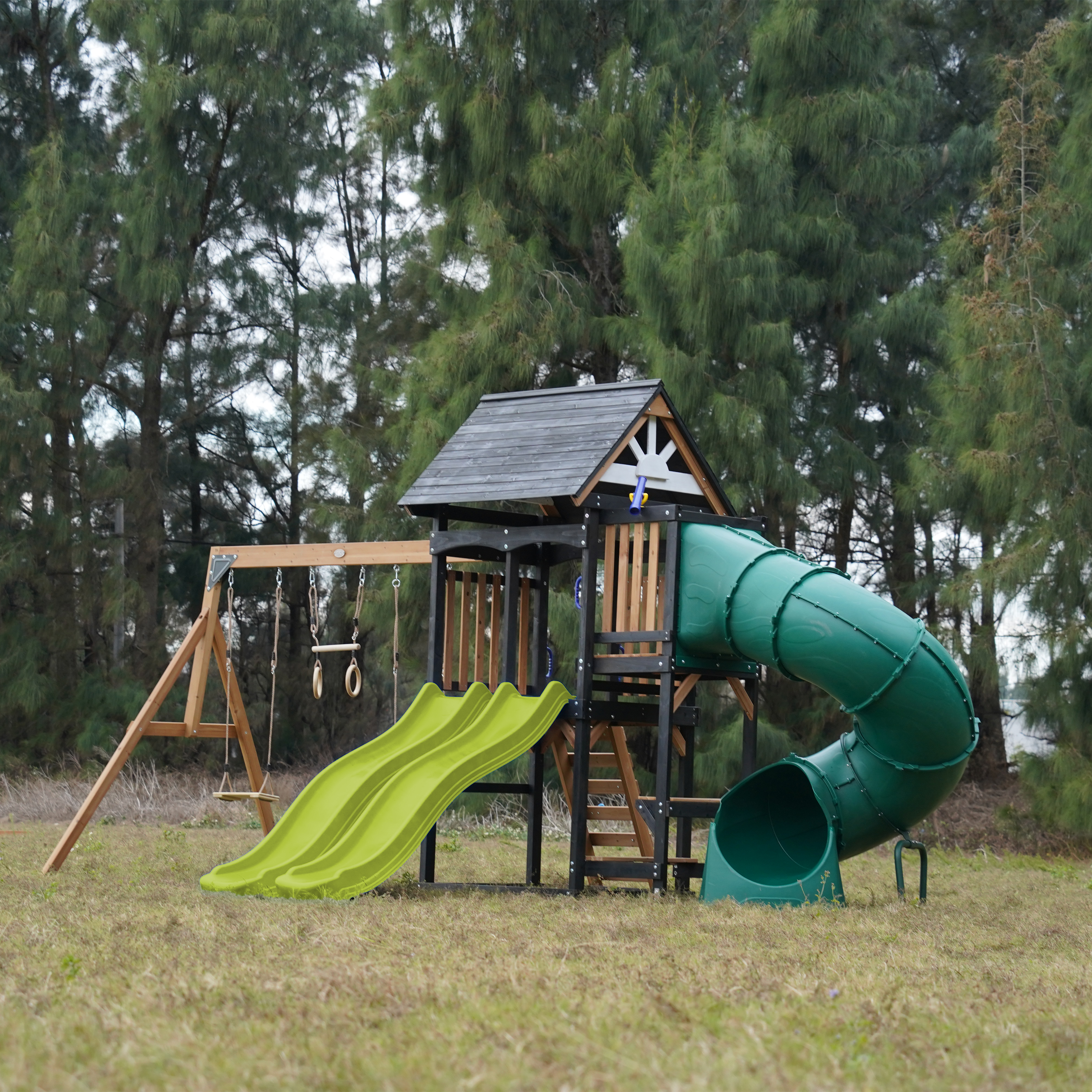 AXI Cody Climbing Frame with Swings, Trapeze and Climbing Wall – Lime Green Double Slide and Tube Slide