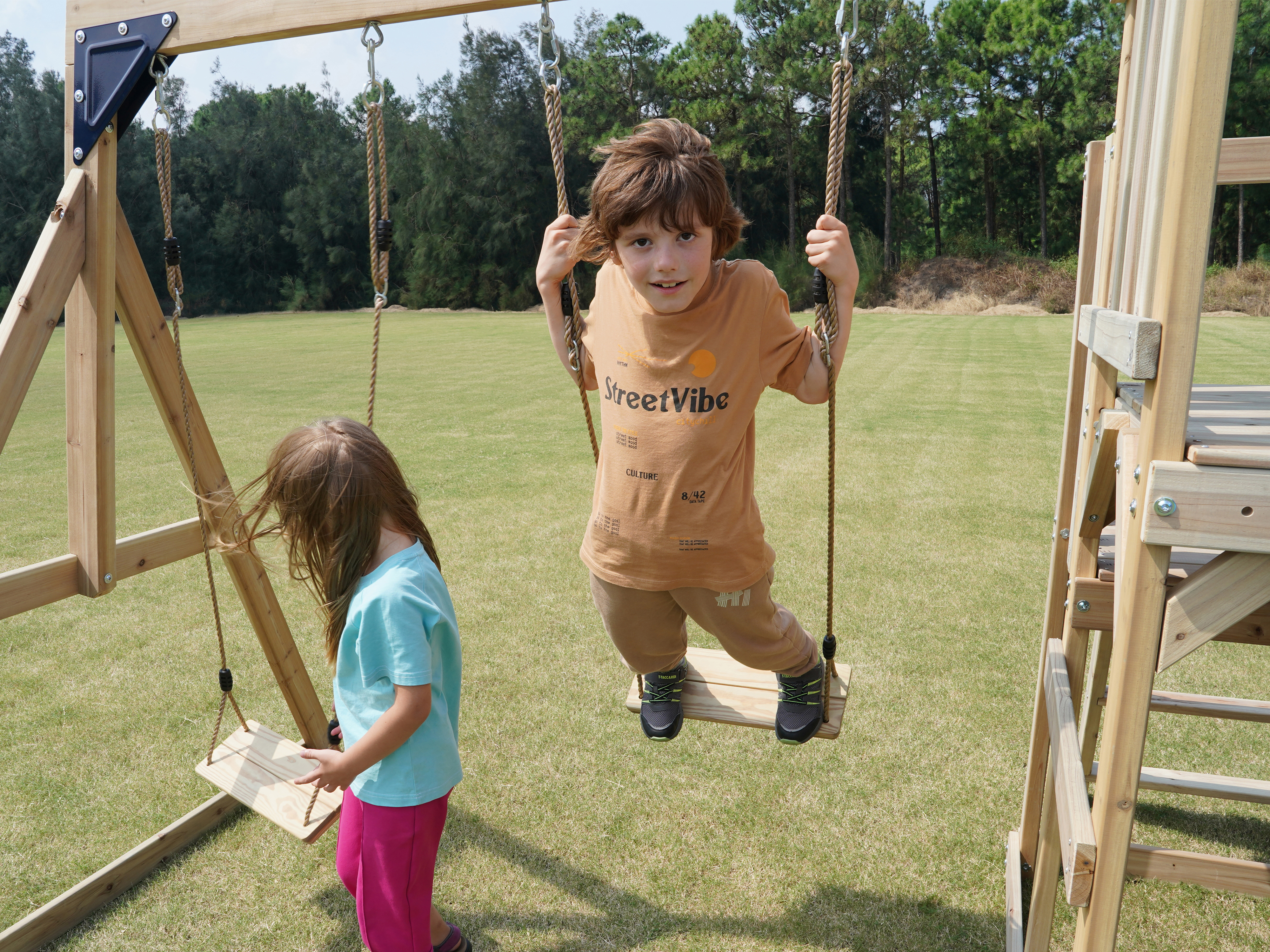 AXI Mette Playground with Double Swing Brown - Blue Slide 