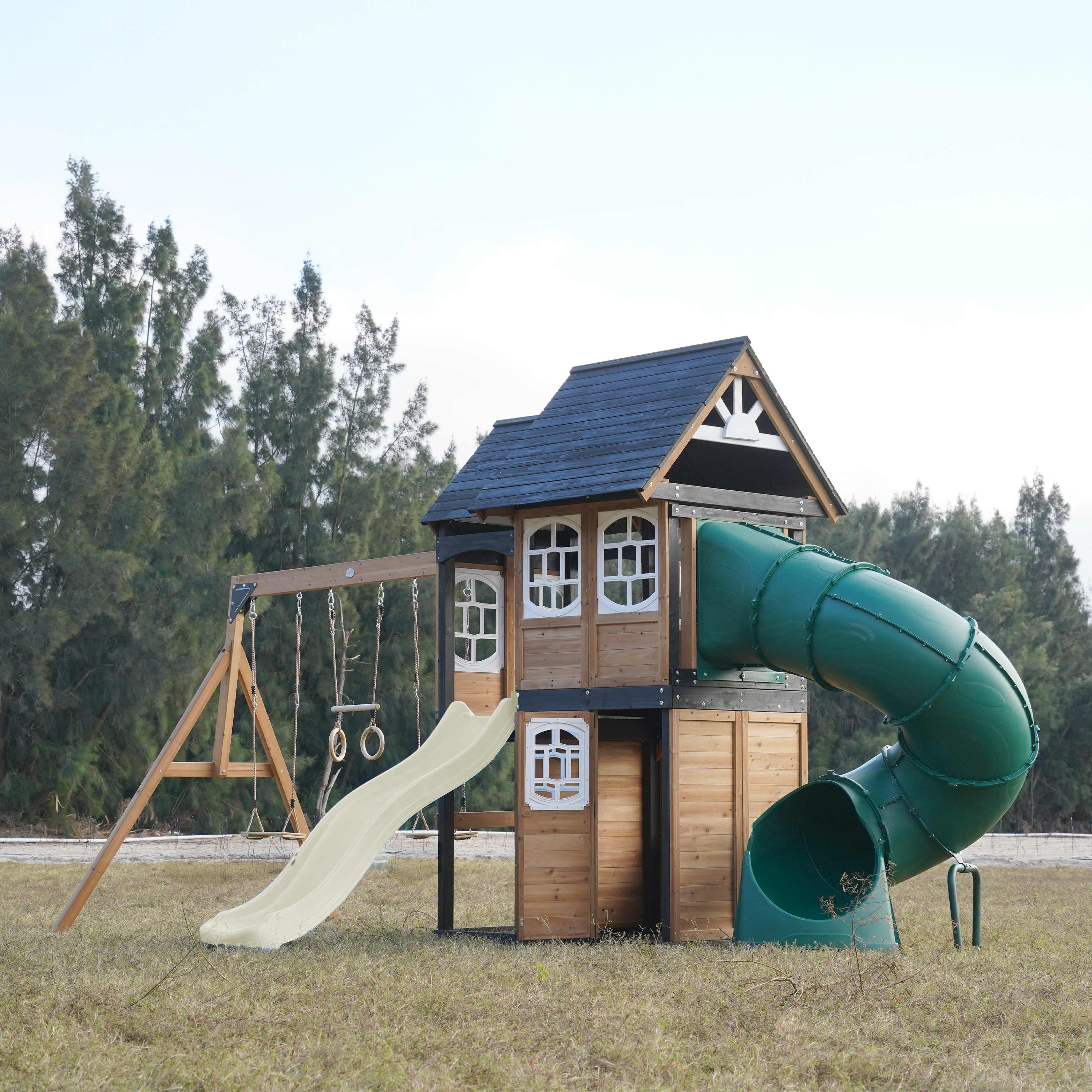 AXI Noud Climbing Frame with Playhouse, Swings, Trapeze and Climbing Wall – Cream Slide and Tube Slide