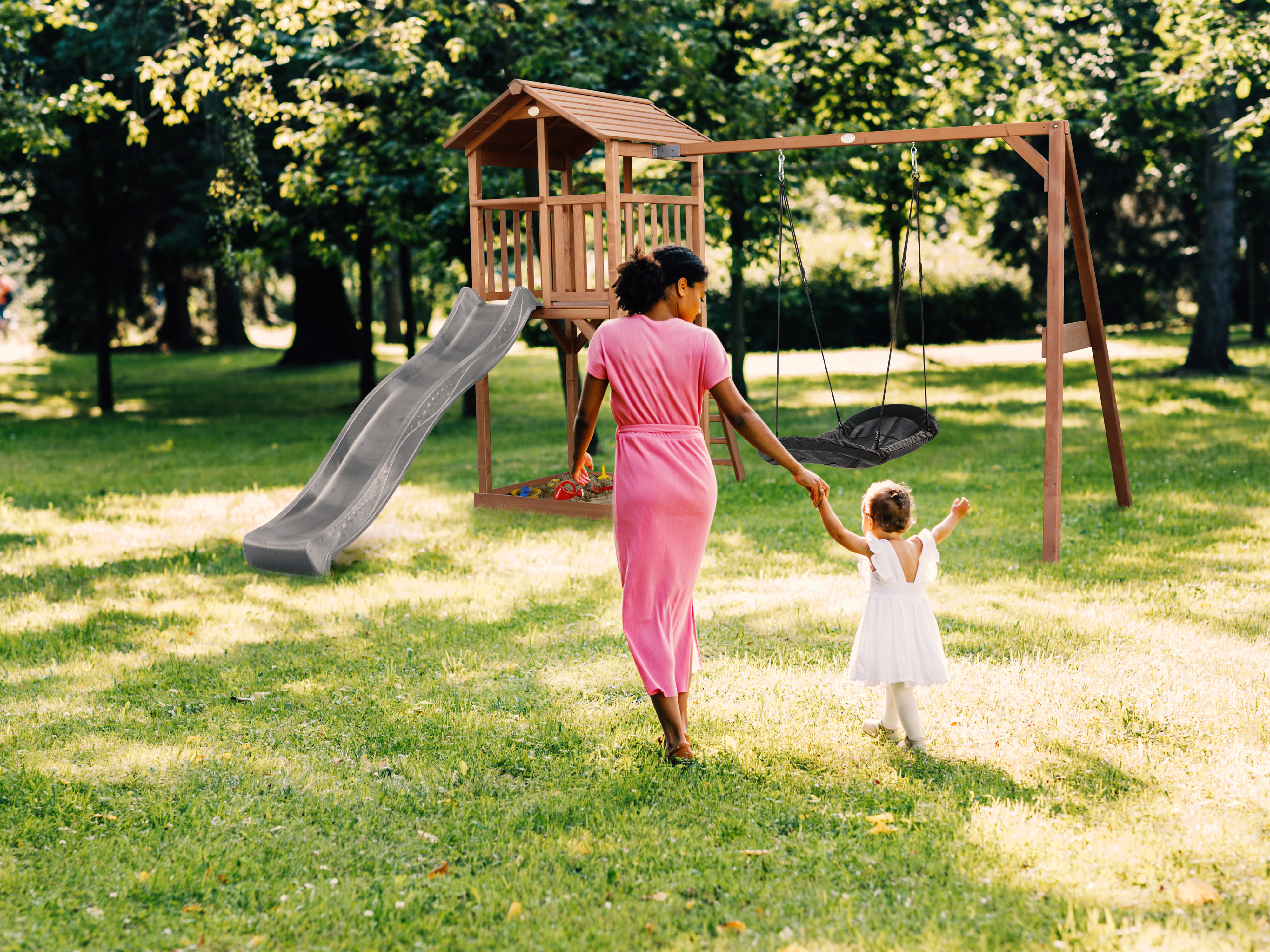 AXI Beach Tower with Roxy Nest Swing Set Brown - Grey Slide-8717973939177 AXI Beach Tower with Roxy Nest Swing Set Brown - Grey Slide