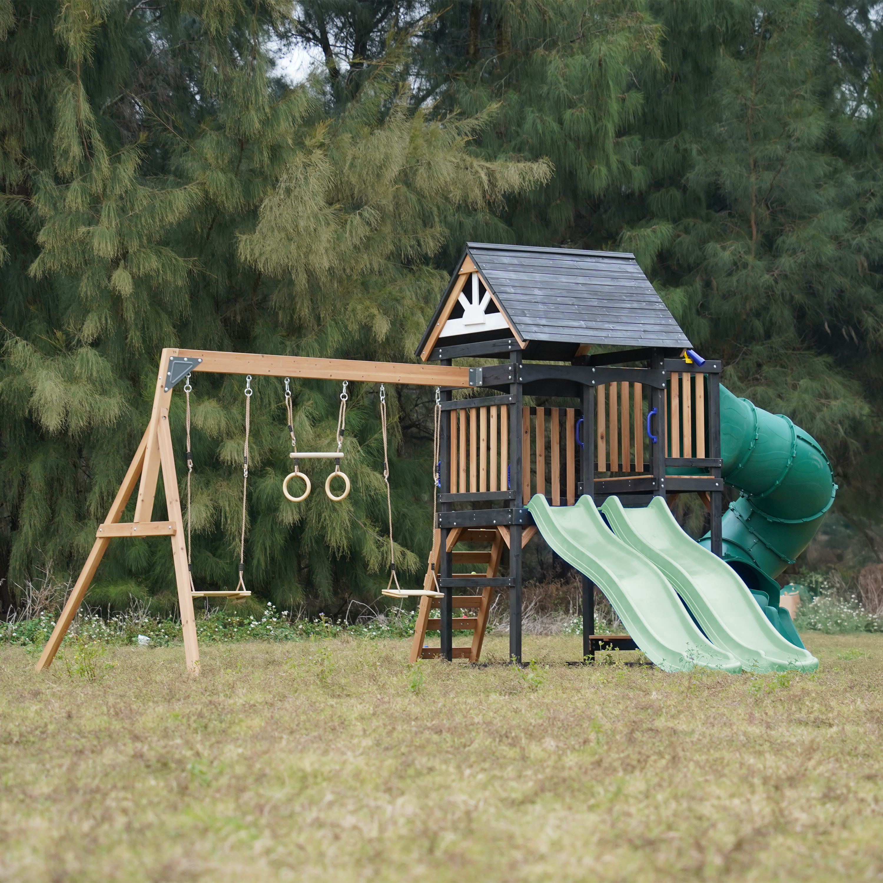 AXI Cody Climbing Frame with Swings, Trapeze and Climbing Wall – Pastel Green Double Slide and Tube Slide