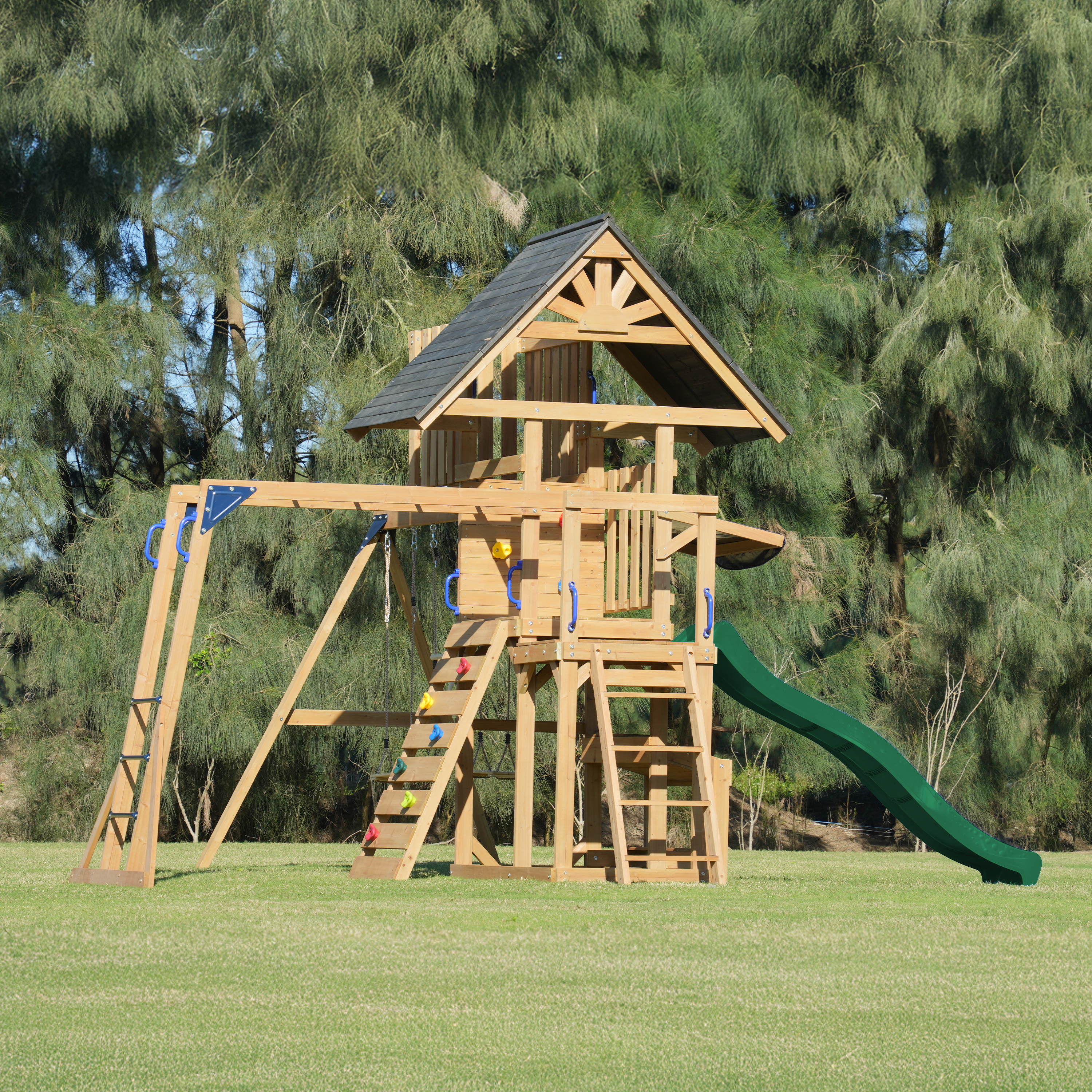 AXI Mitch Climbing Frame with Double Swing, Trapeze and Lookout Tower – Green Slide
